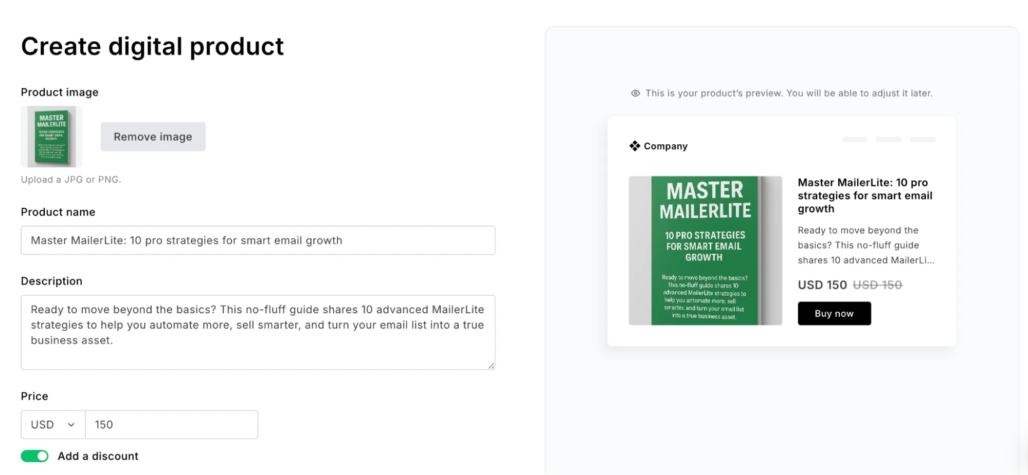 The MailerLite digital product creation dashboard