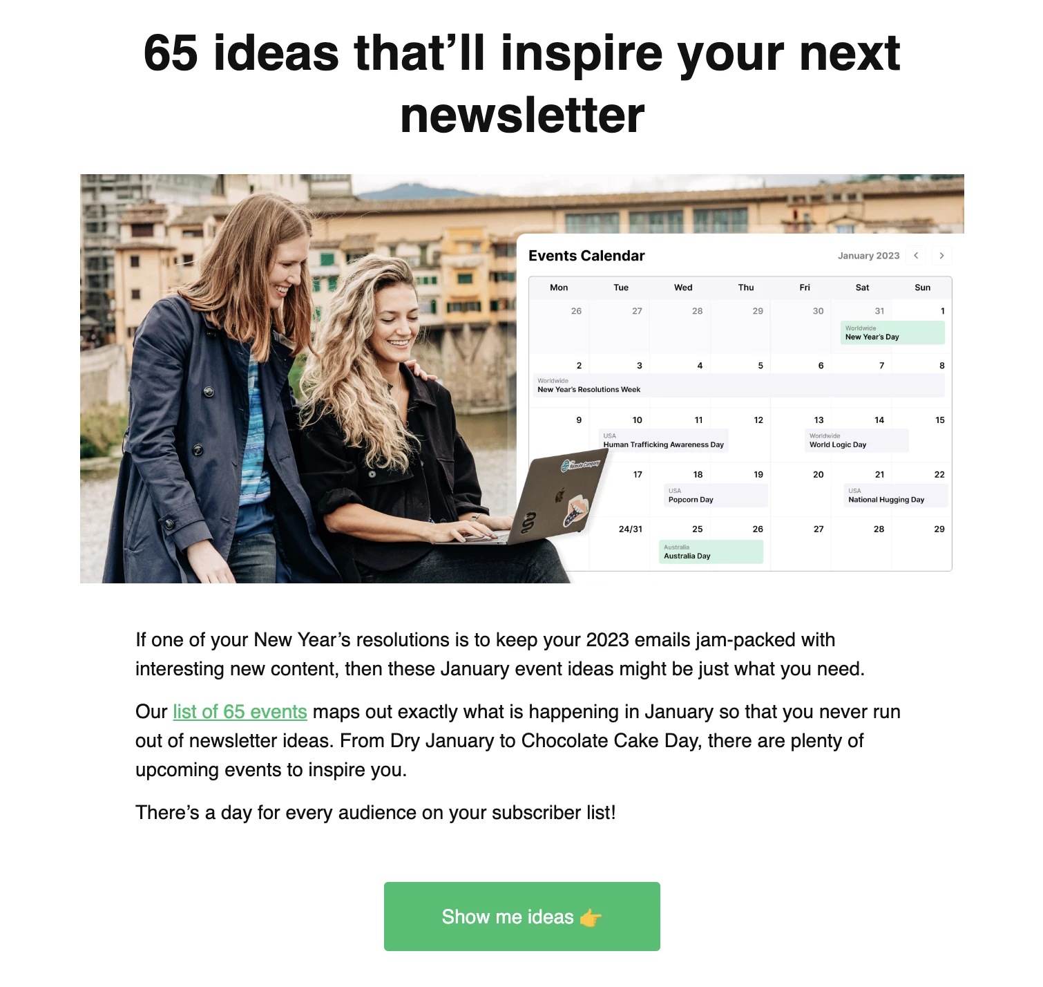 MailerLite newsletter including an email image with two women looking at a laptop