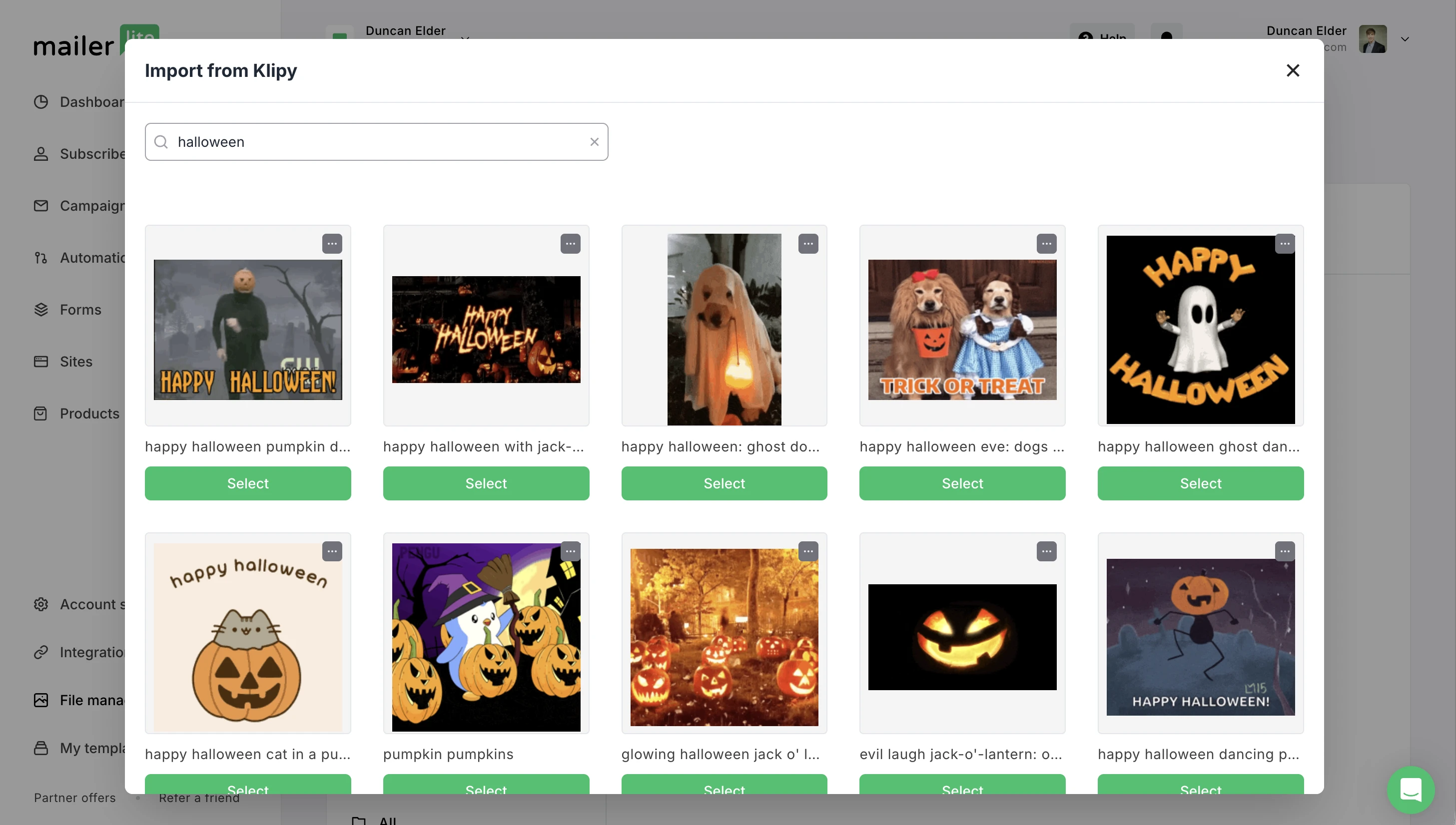 MailerLite's built-in gif gallery