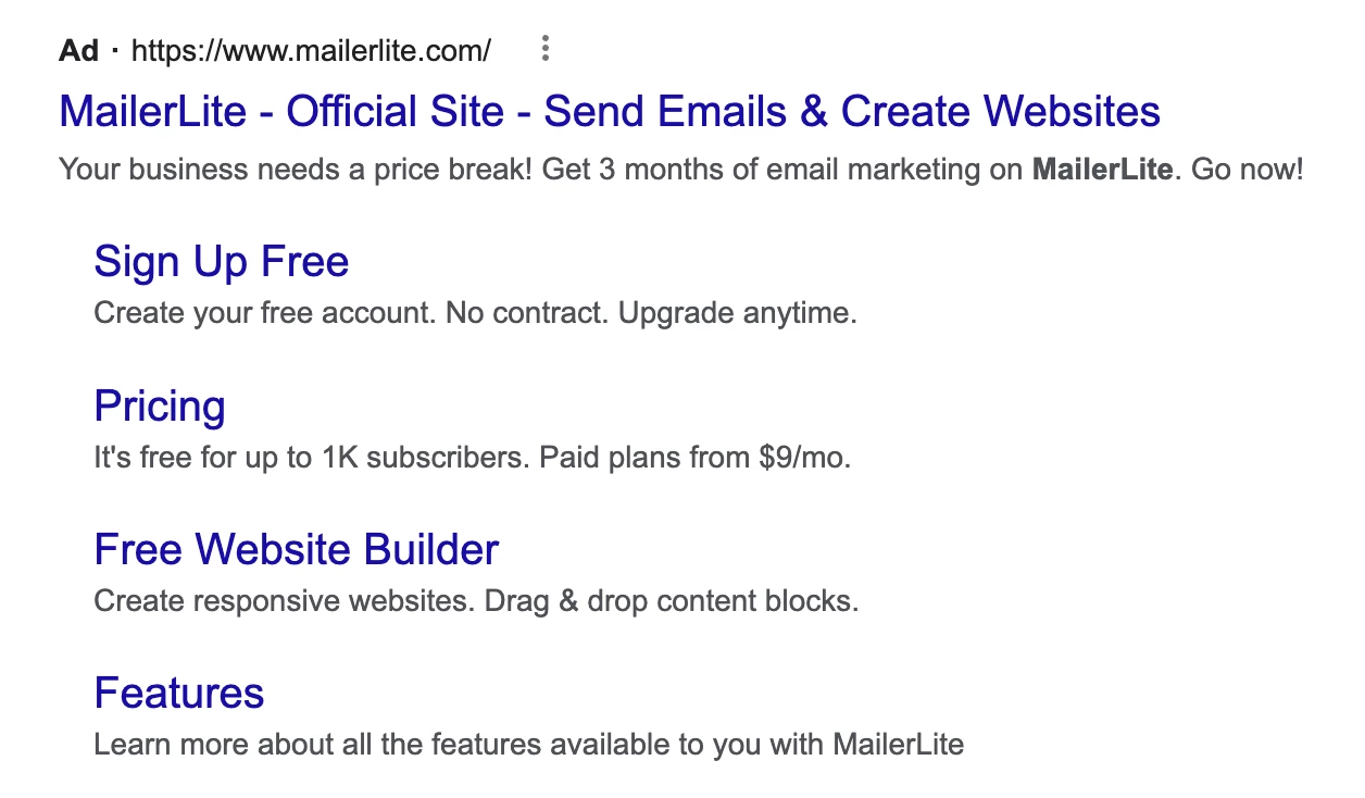 Screenshot of MailerLite ad in Google search results