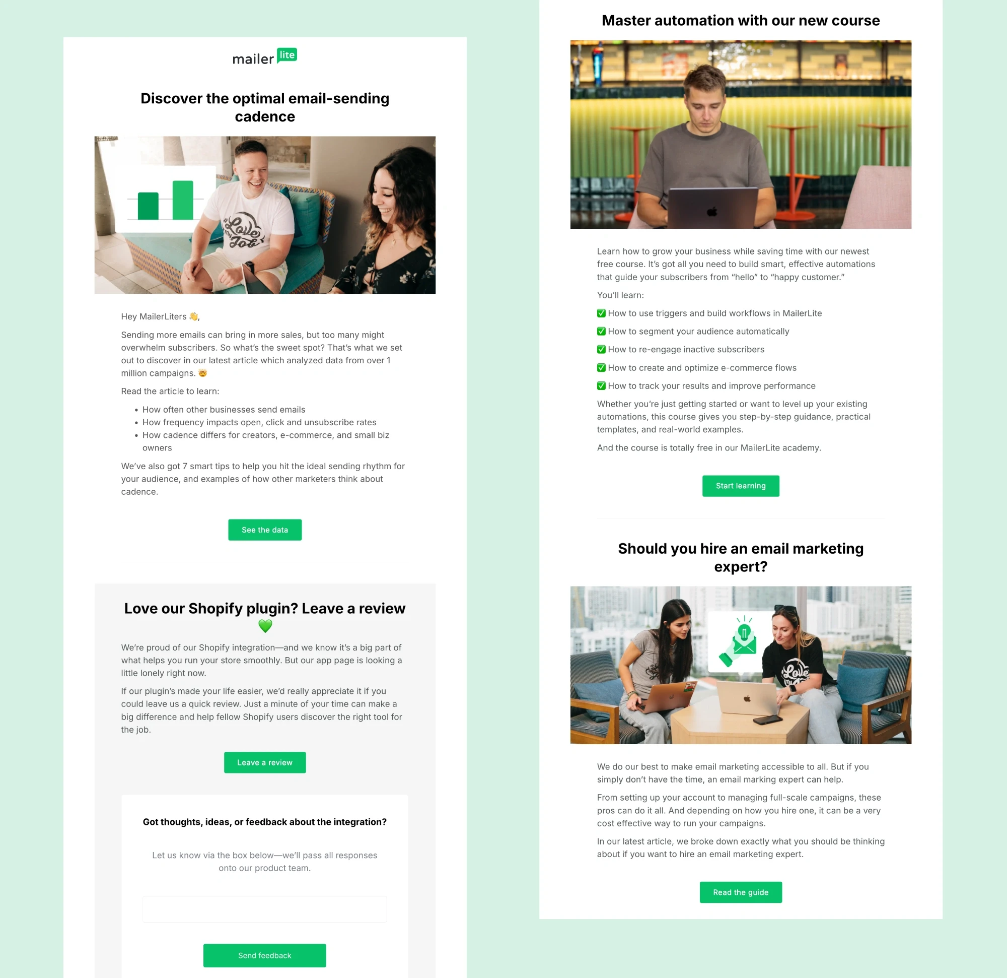 An example of a MailerLite newsletter with links to helpful guides related to email marketing and courses.