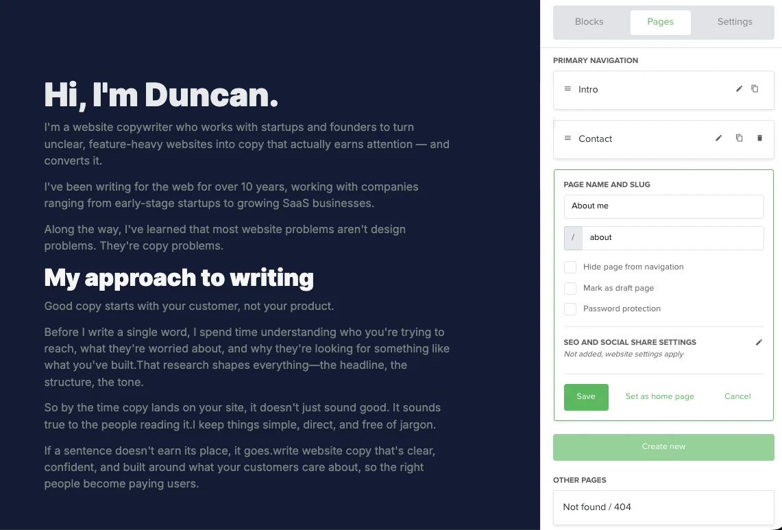 Screenshot of page options in the MailerLite website builder