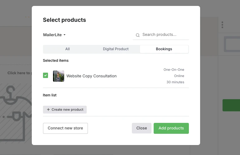 Screenshot of the MailerLite product block settings