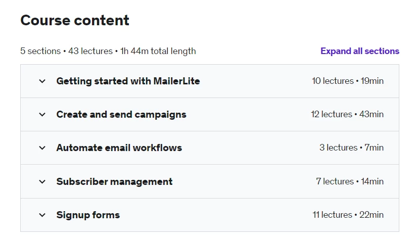 MailerLite Udemy course content