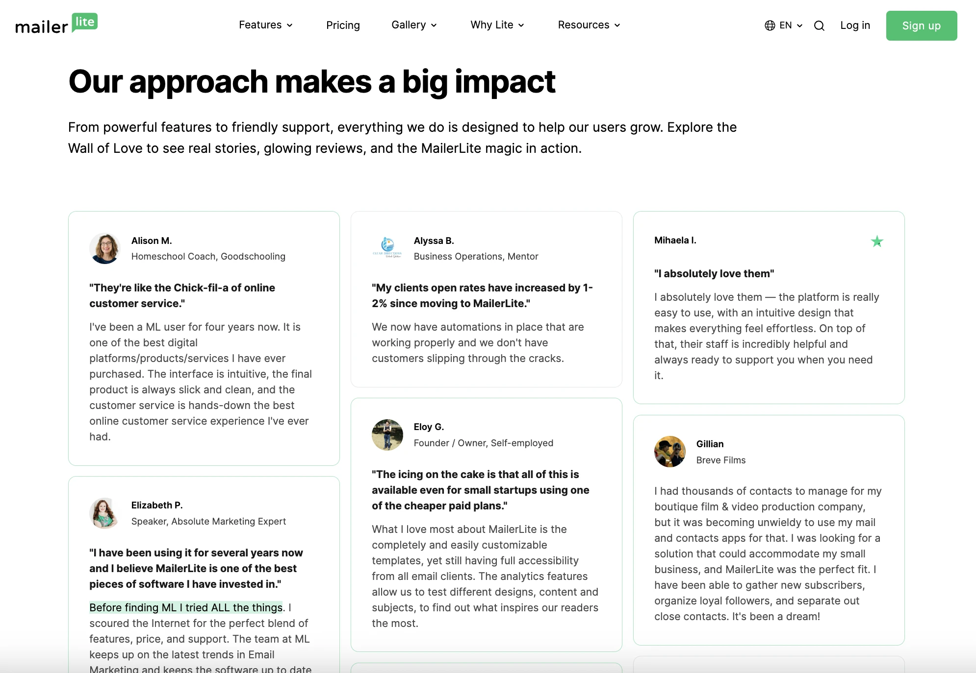 The MailerLite Wall of Love with feedback from users.