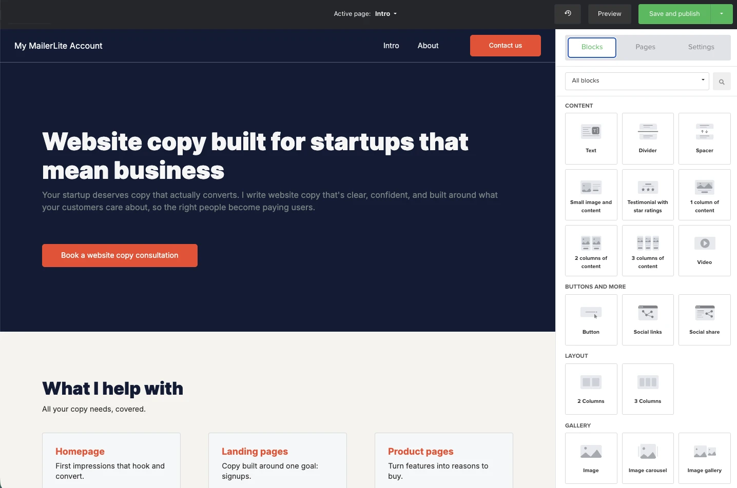 Screenshot of the MailerLite website builder