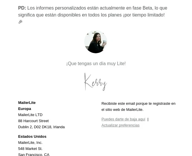 Ejemplo de firma de email de MailerLite