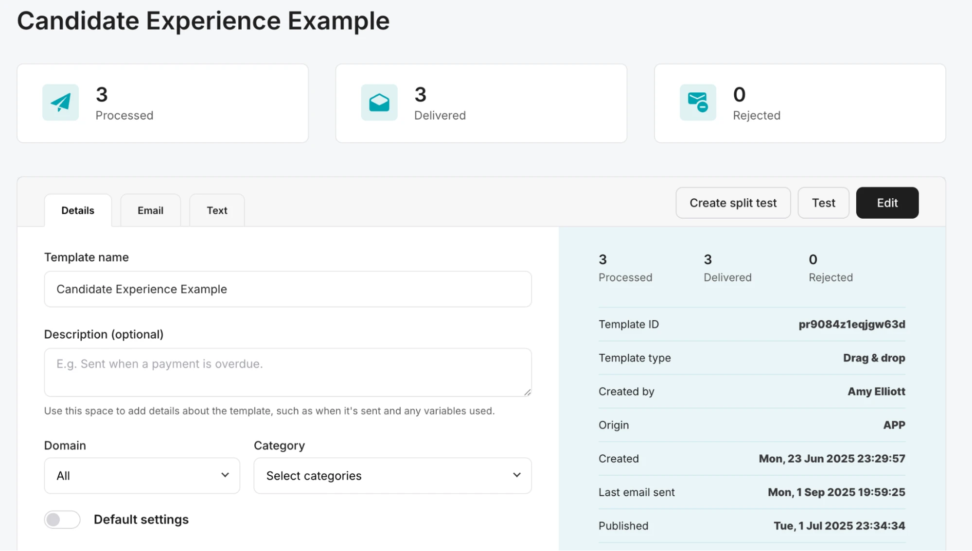 Screenshot showing analytics for a MailerSend template