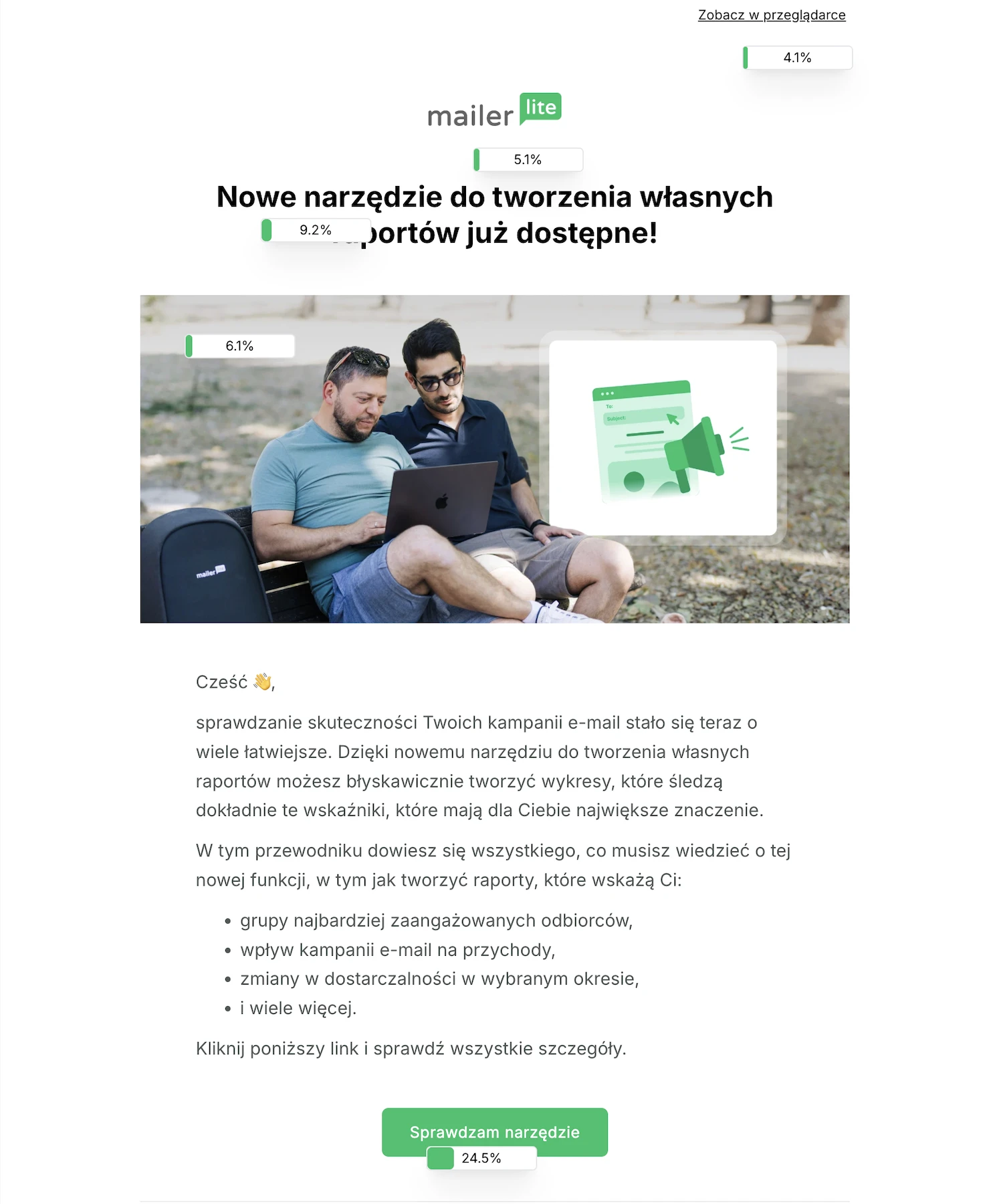 Zrzut ekranu przedstawiający dane z mapy kliknięć w newsletterze MailerLite