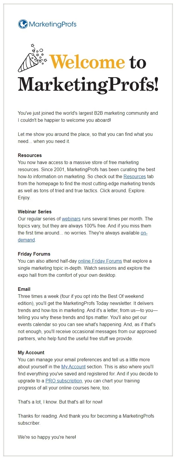 Welcome email from MarketingProfs