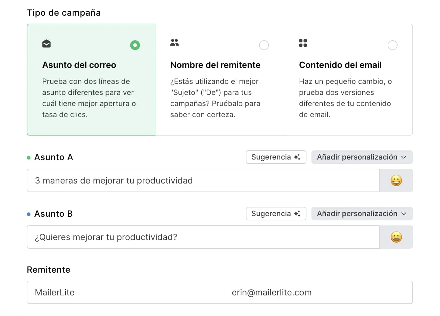 Ejemplo de prueba A/B de email marketing