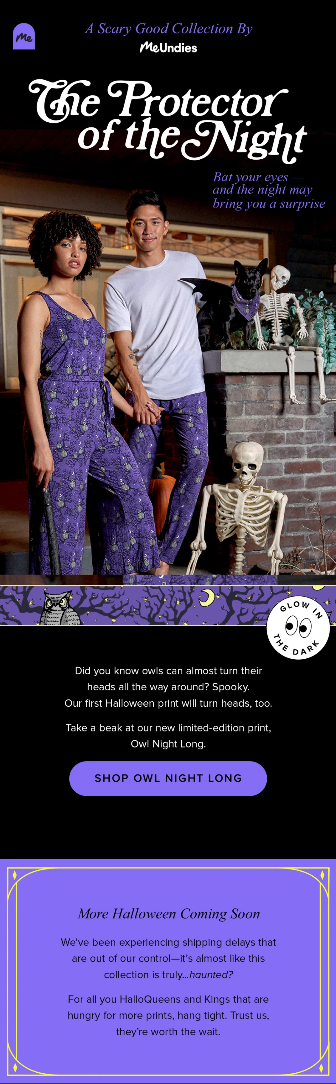 meundies halloween email in purple and black theme with purple call to action button