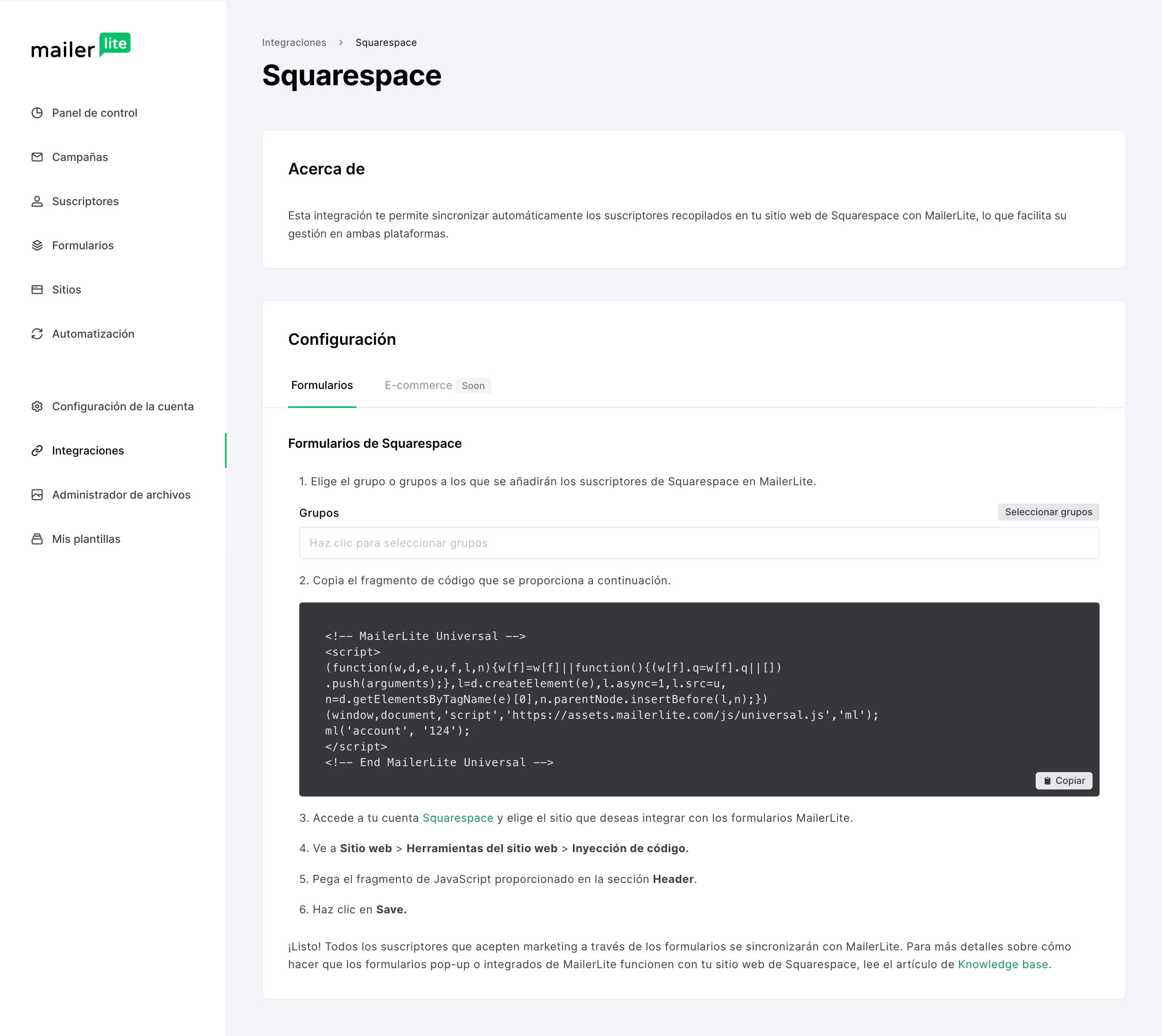 La imagen muestra dónde encontrar el fragmento de JavaScript en el panel de MailerLite