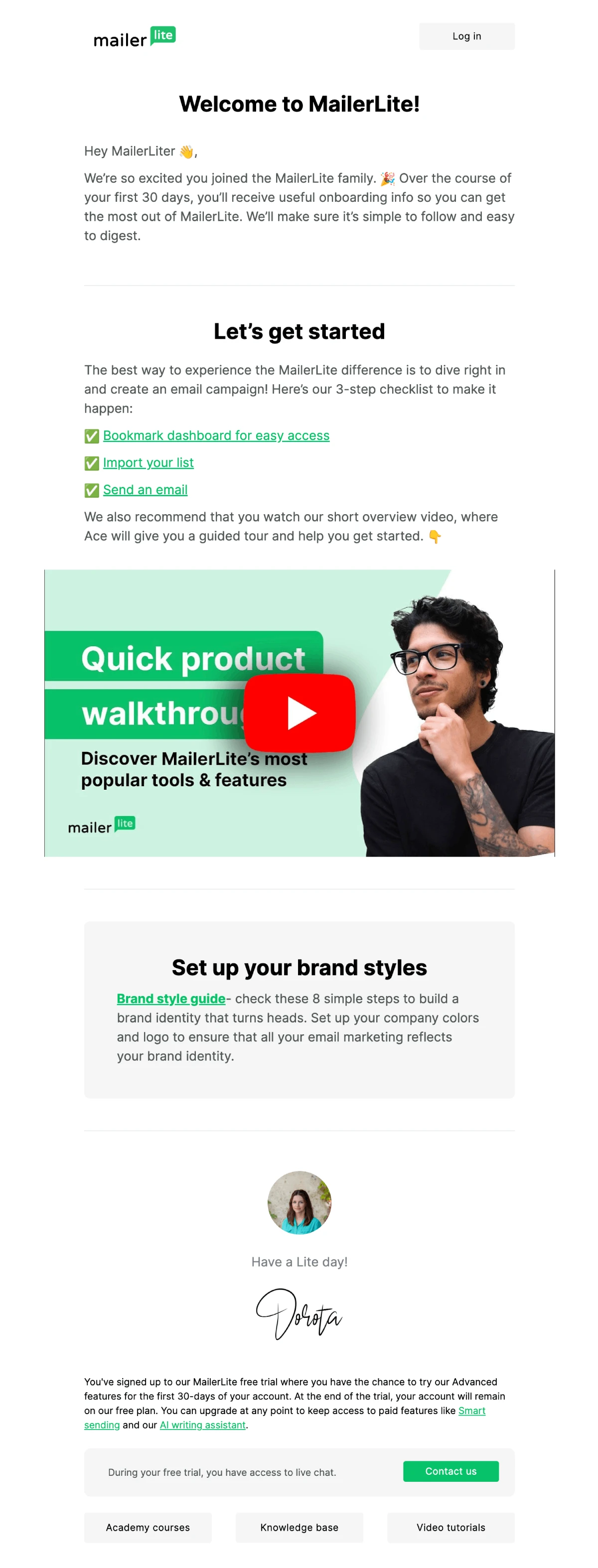 MailerLite's welcome email.