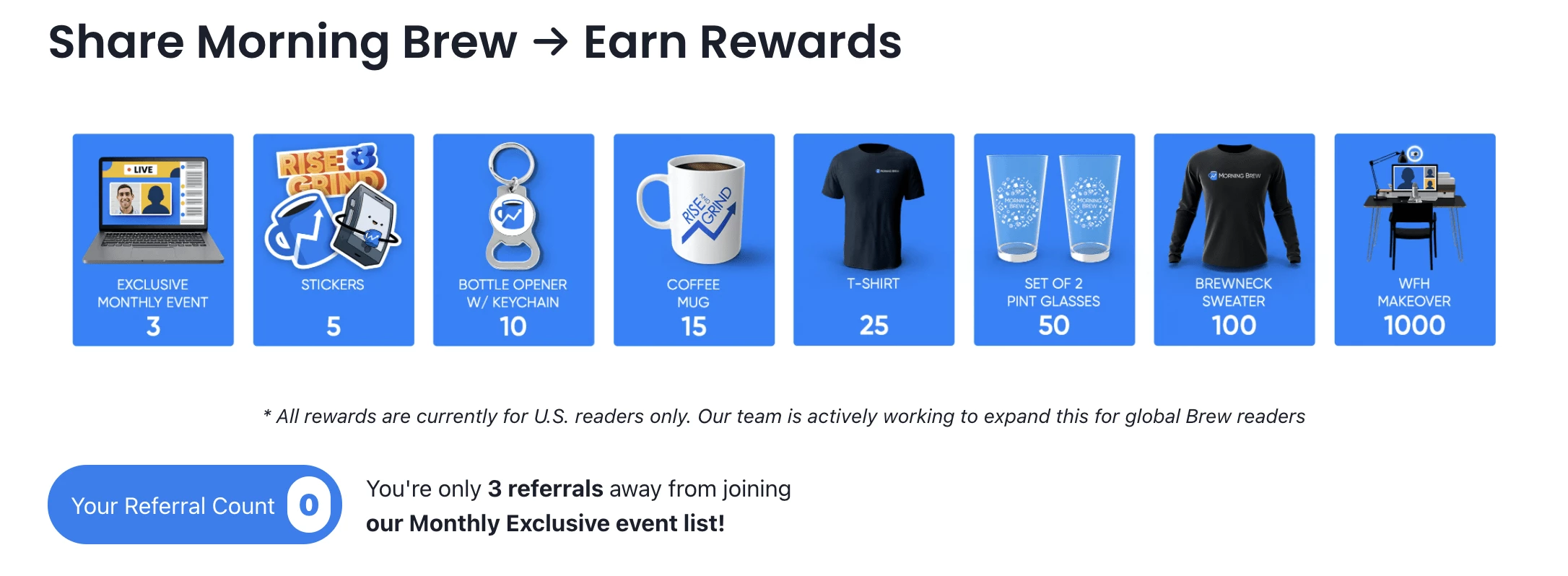 morning brew referral program showing rewards for number of referrals
