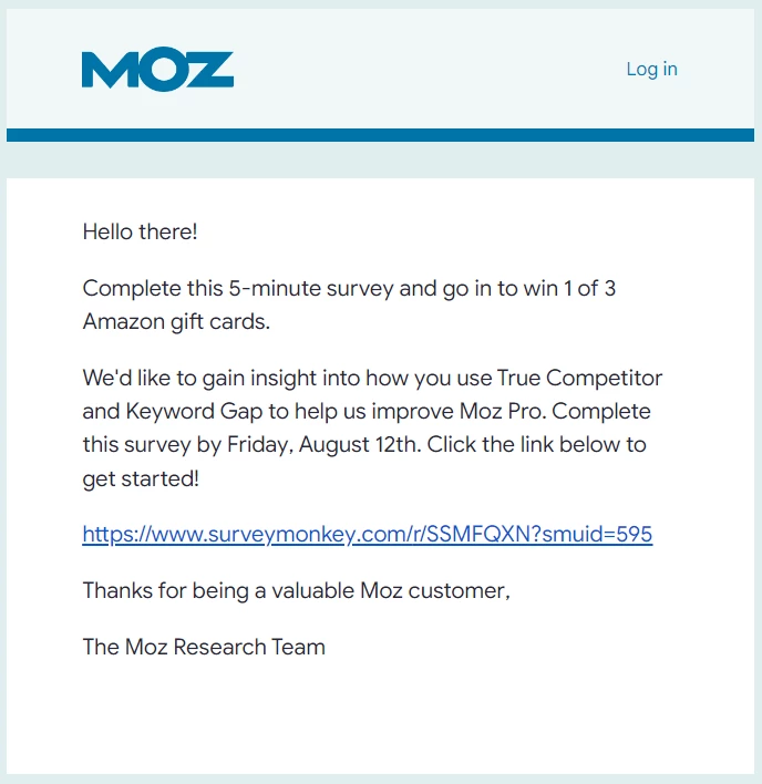 Moz survey email for feature feedback with plain text on a white background