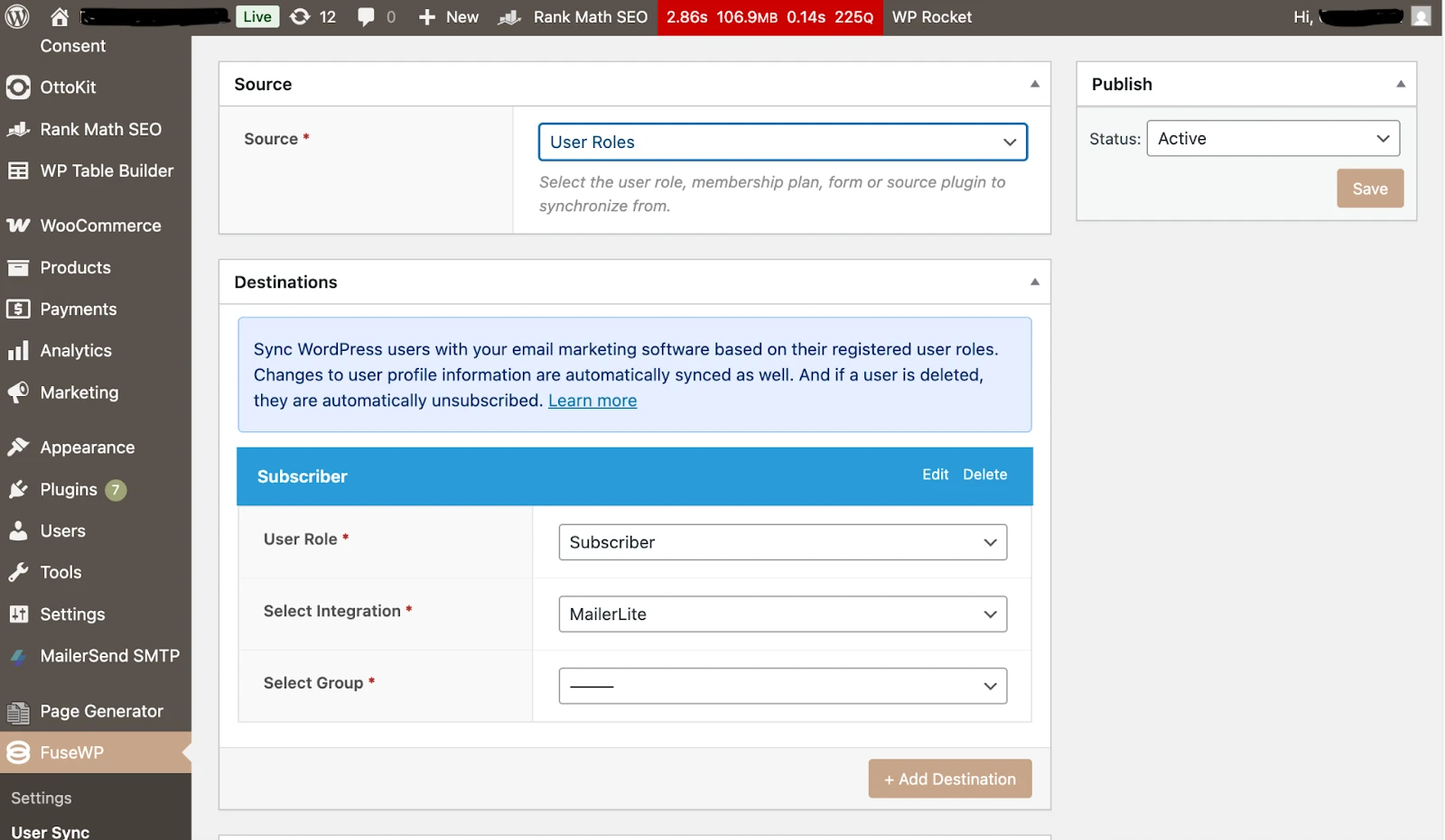 FuseWP’s field mapping interface, where WP user data is matched to MailerLite subscriber fields