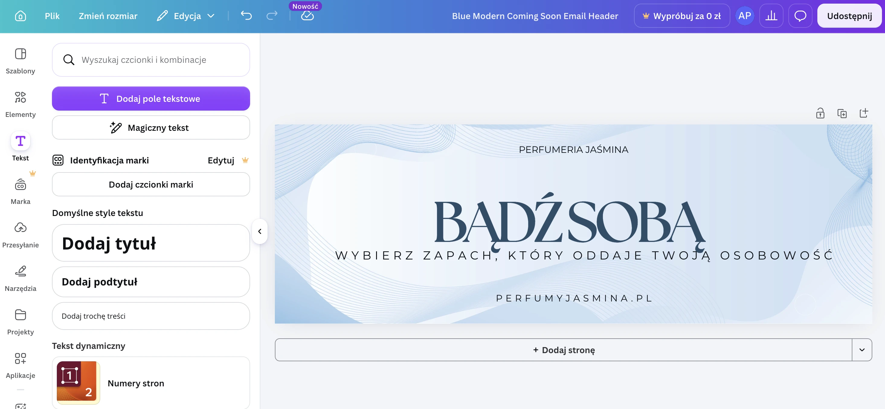 Przykład nagłówka emaila stworzonego w Canvie