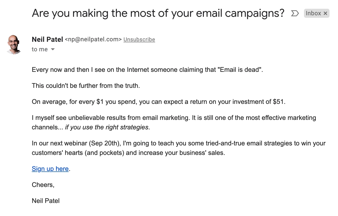 Newsletter from Neil Patel about email marketing promoting upcoming webinar