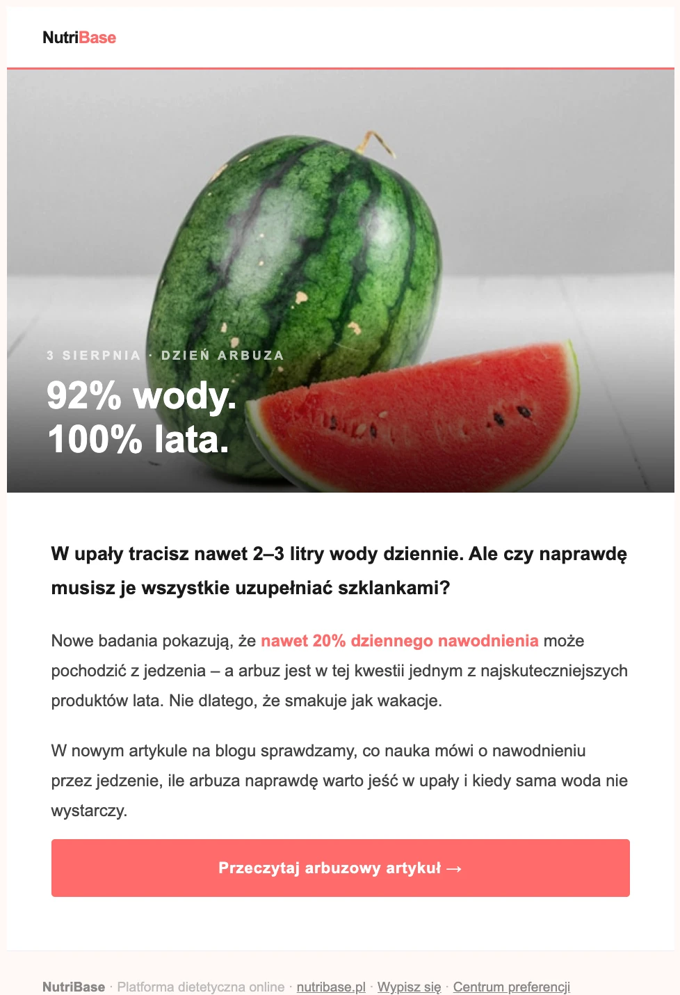 Newsletter firmy dietetycznej z okazji Dnia Arbuza