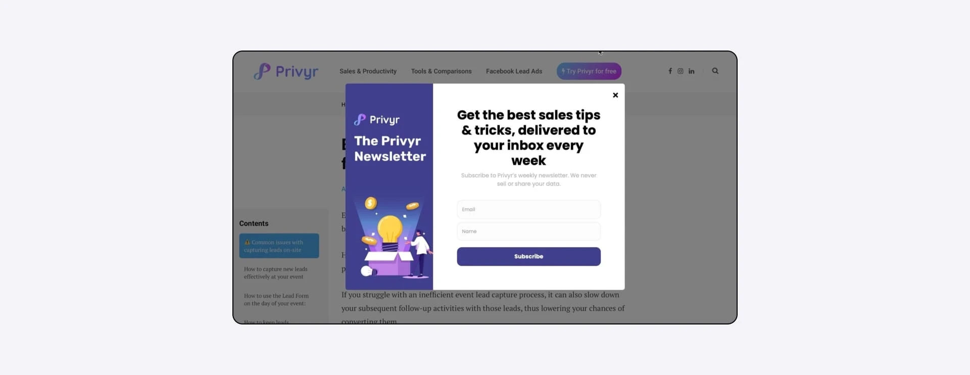 Screenshot of Privyr's pop-up form