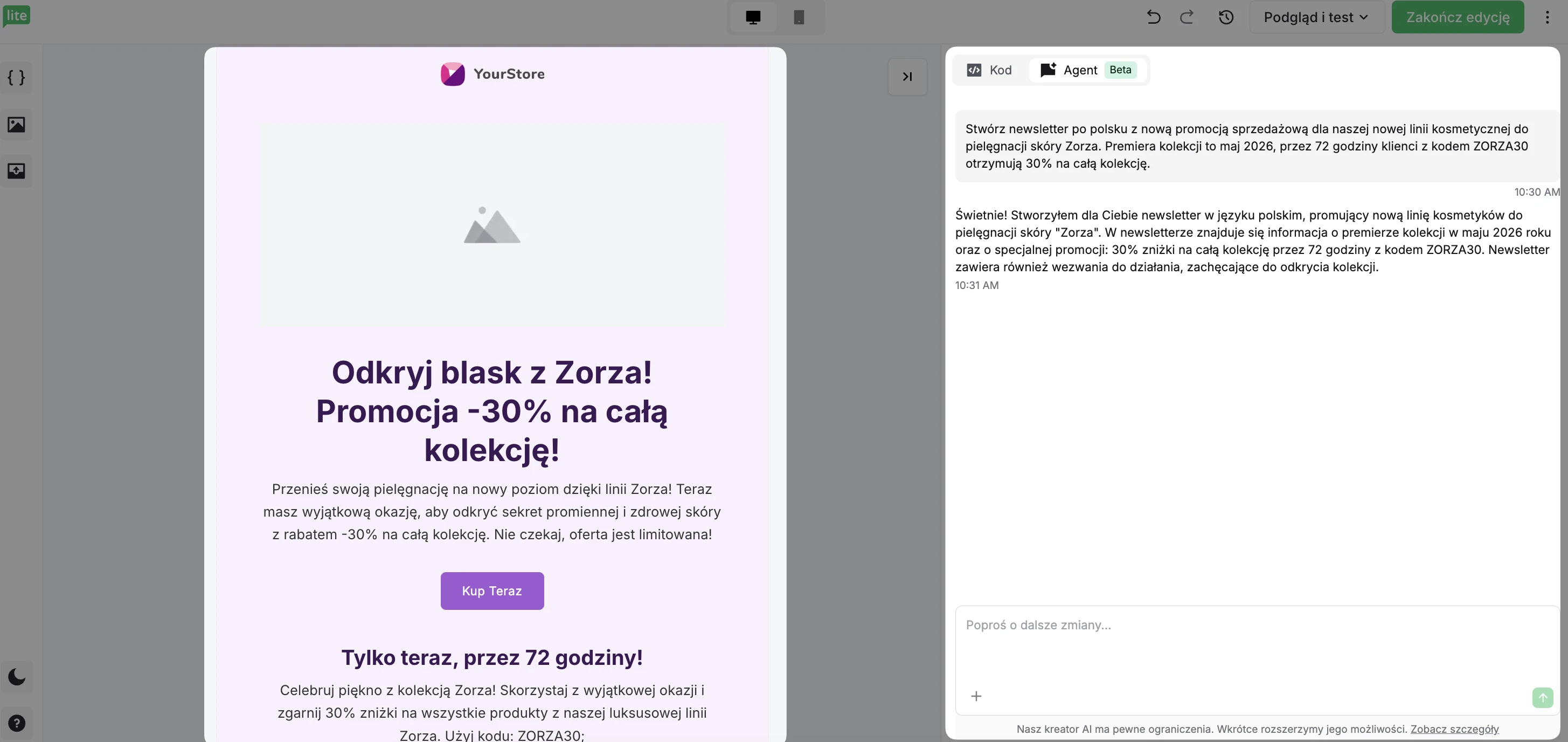 Prompt przekazany do AI w edytorze HTML