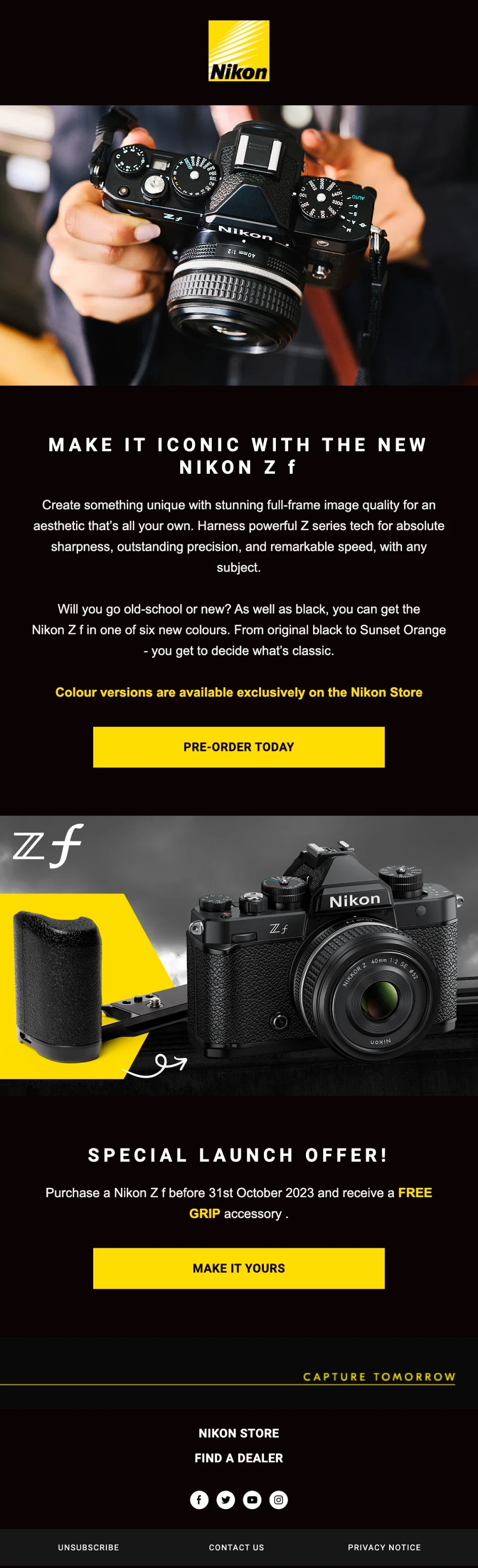 A product launch email from Nikon with a black background and yellow CTAs.