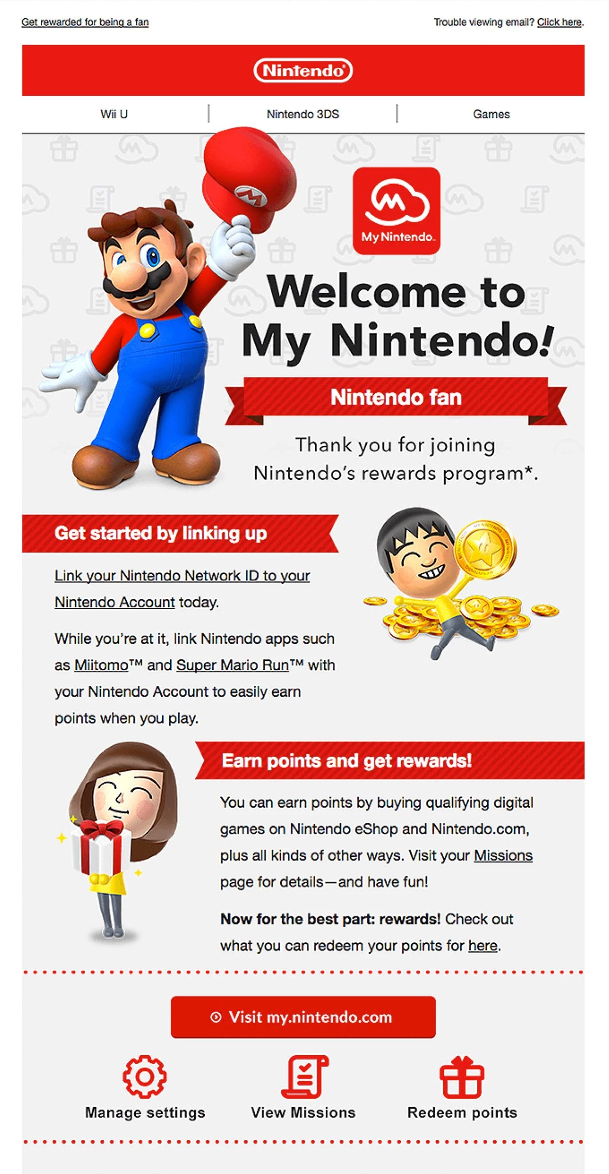 Nintendo welcome email example Super Mario