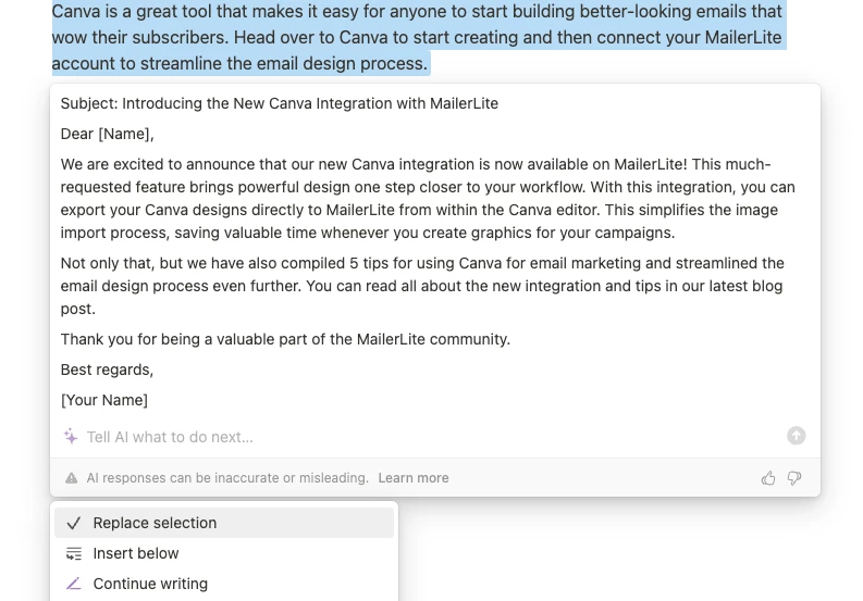 Email generated by Notion AI