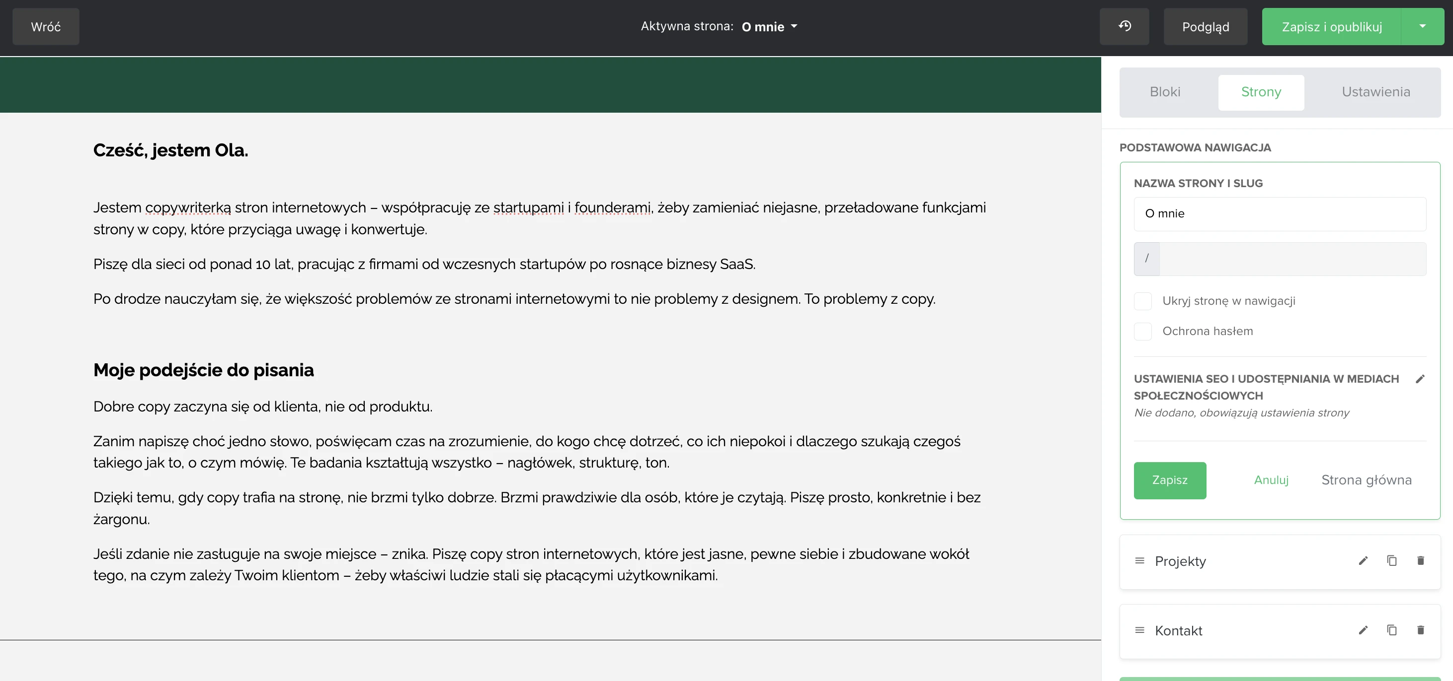 Zrzut ekranu opcji strony w kreatorze stron MailerLite Źródło: MailerLite