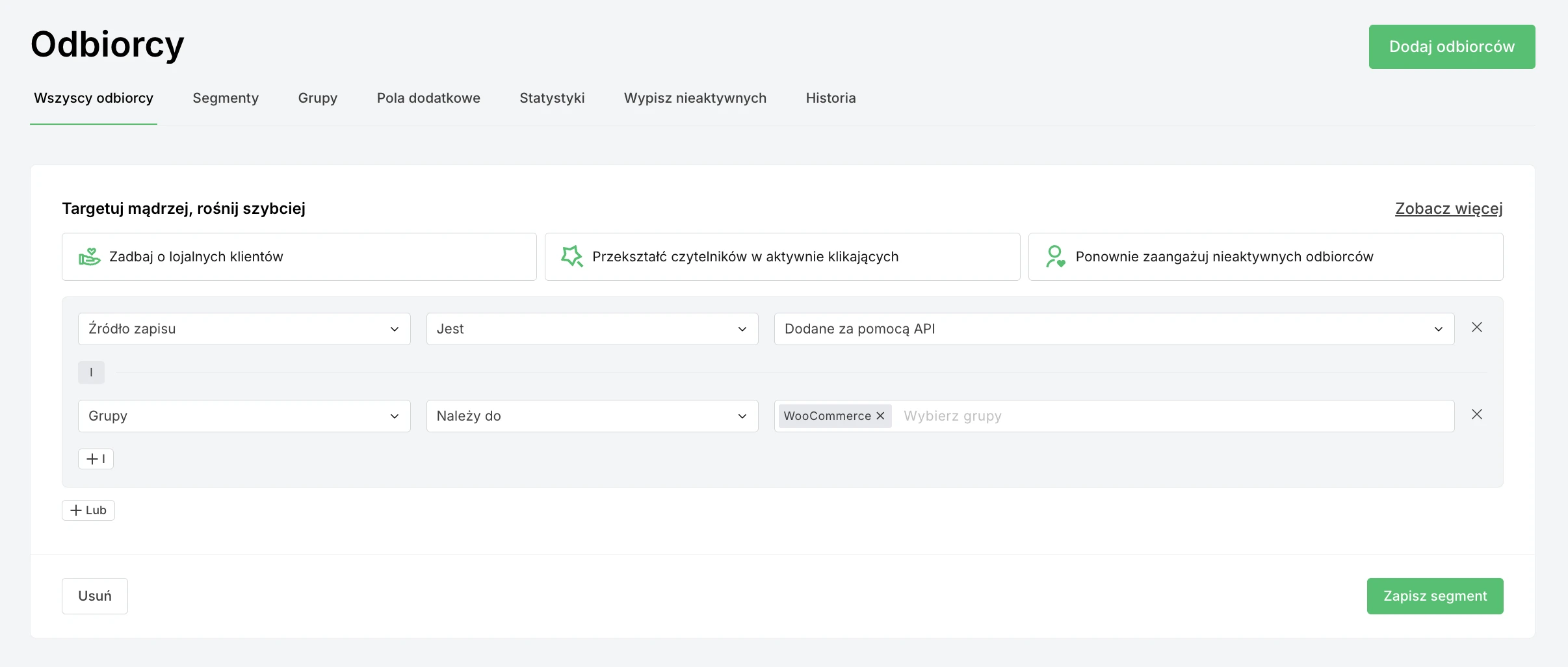 Panel zarządzania subskrybentami przedstawiający segmenty według źródła rejestracji – MailerLite