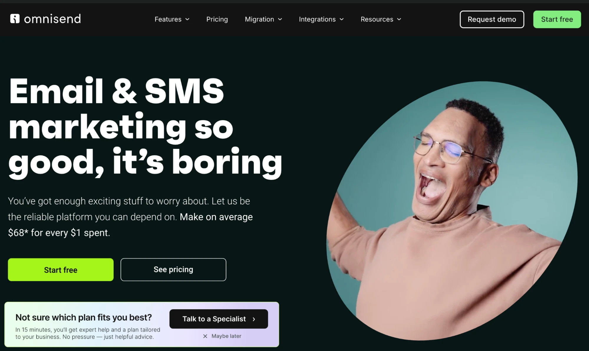 Screenshot of the omnisend homepage