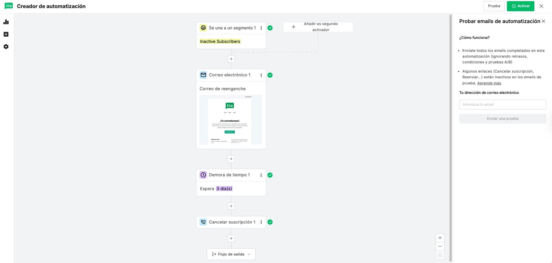 Captura de pantalla que muestra la opción de previsualizar todos los correos en MailerLite