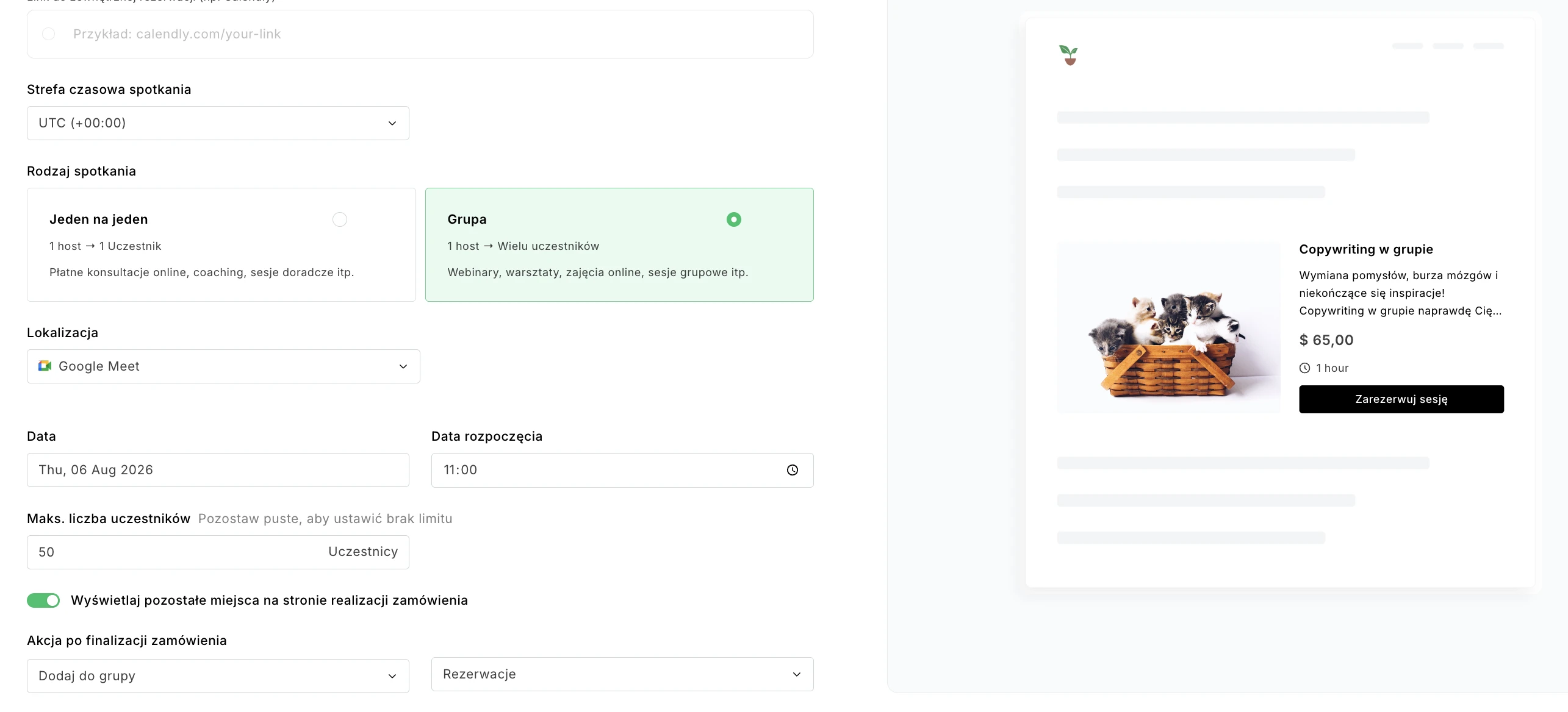 Panel rezerwacji w MailerLite