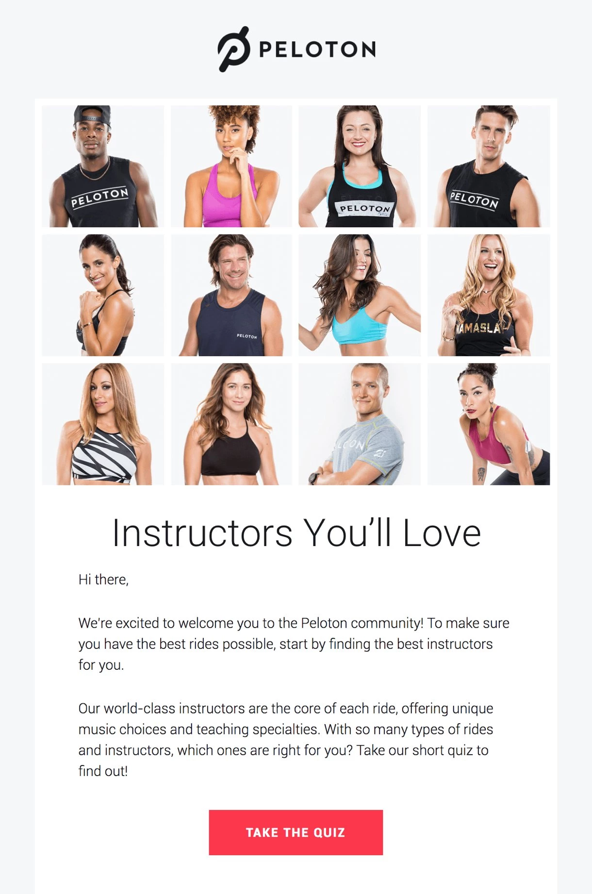 Pelaton best welcome email example fitness instructors on white background
