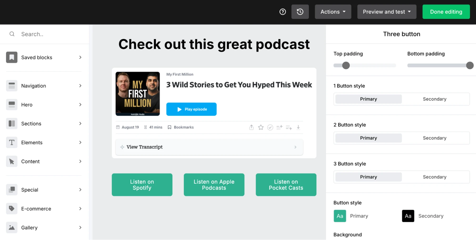 A podcast embedded in a MailerLite newsletter