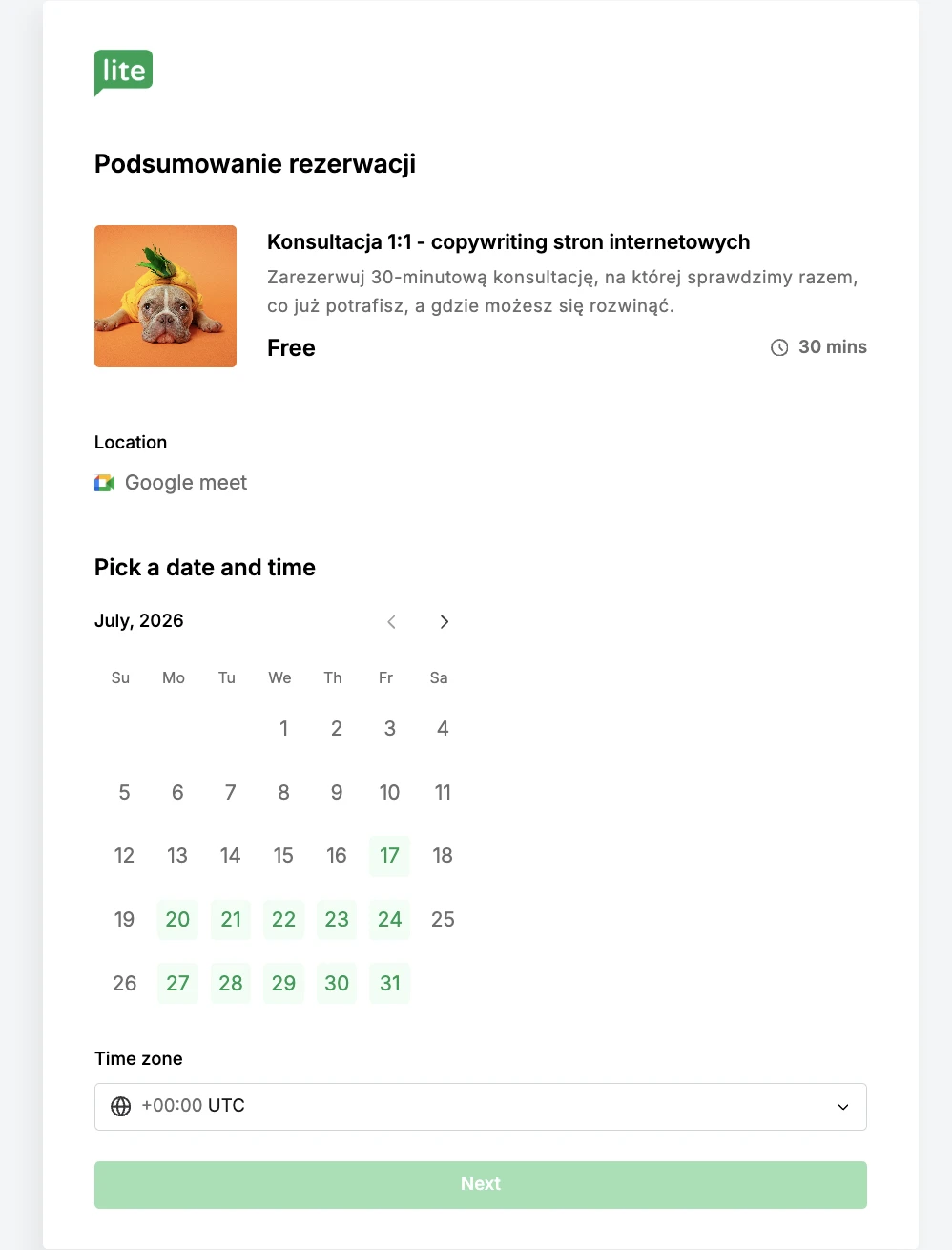 Zrzut ekranu strony rezerwacji zbudowanej w MailerLite