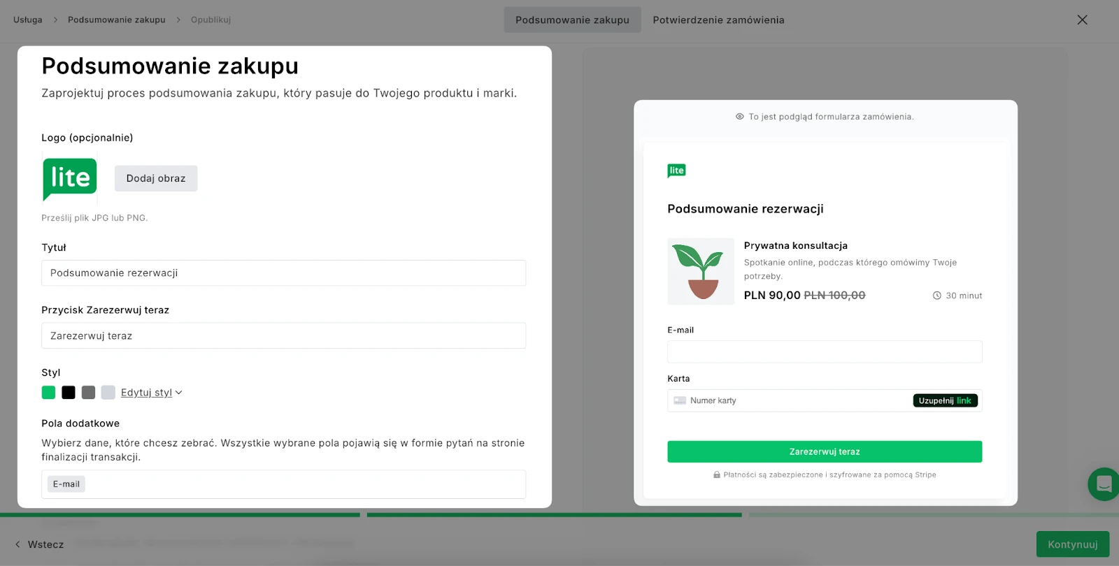 Zrzut ekranu ze strony edycji strony płatności w MailerLite