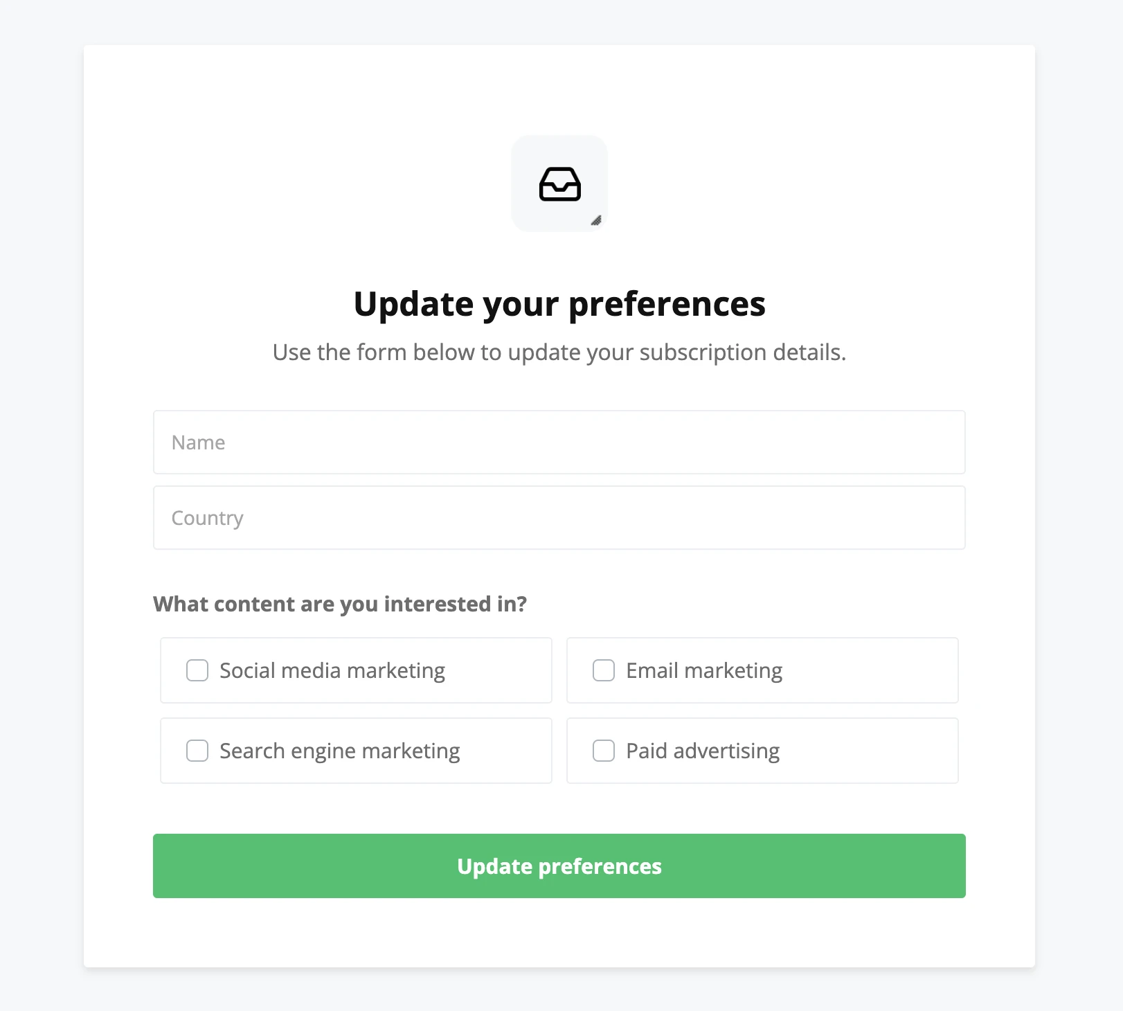 Screeenshot of a MailerLite preference center