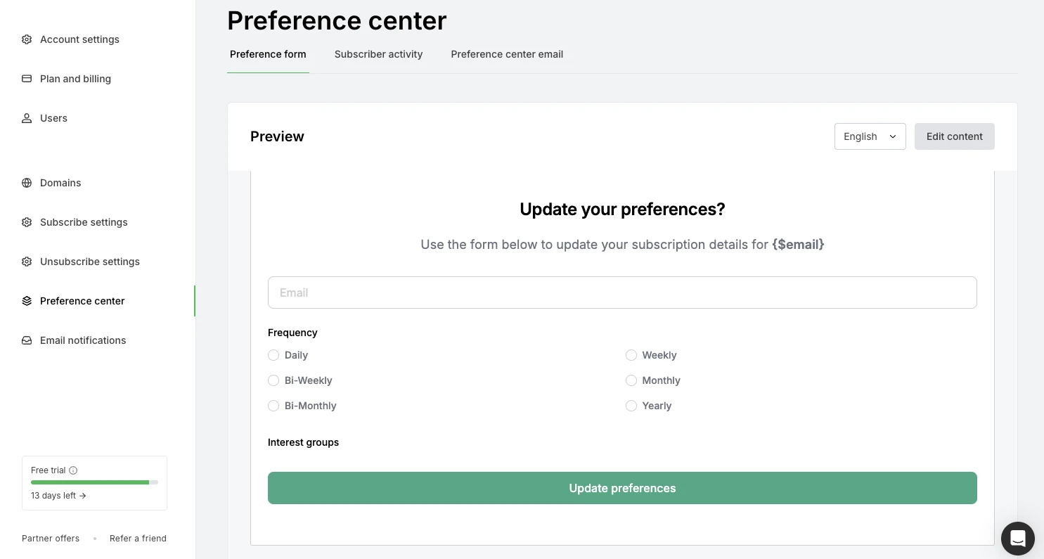 Preference center dashboard