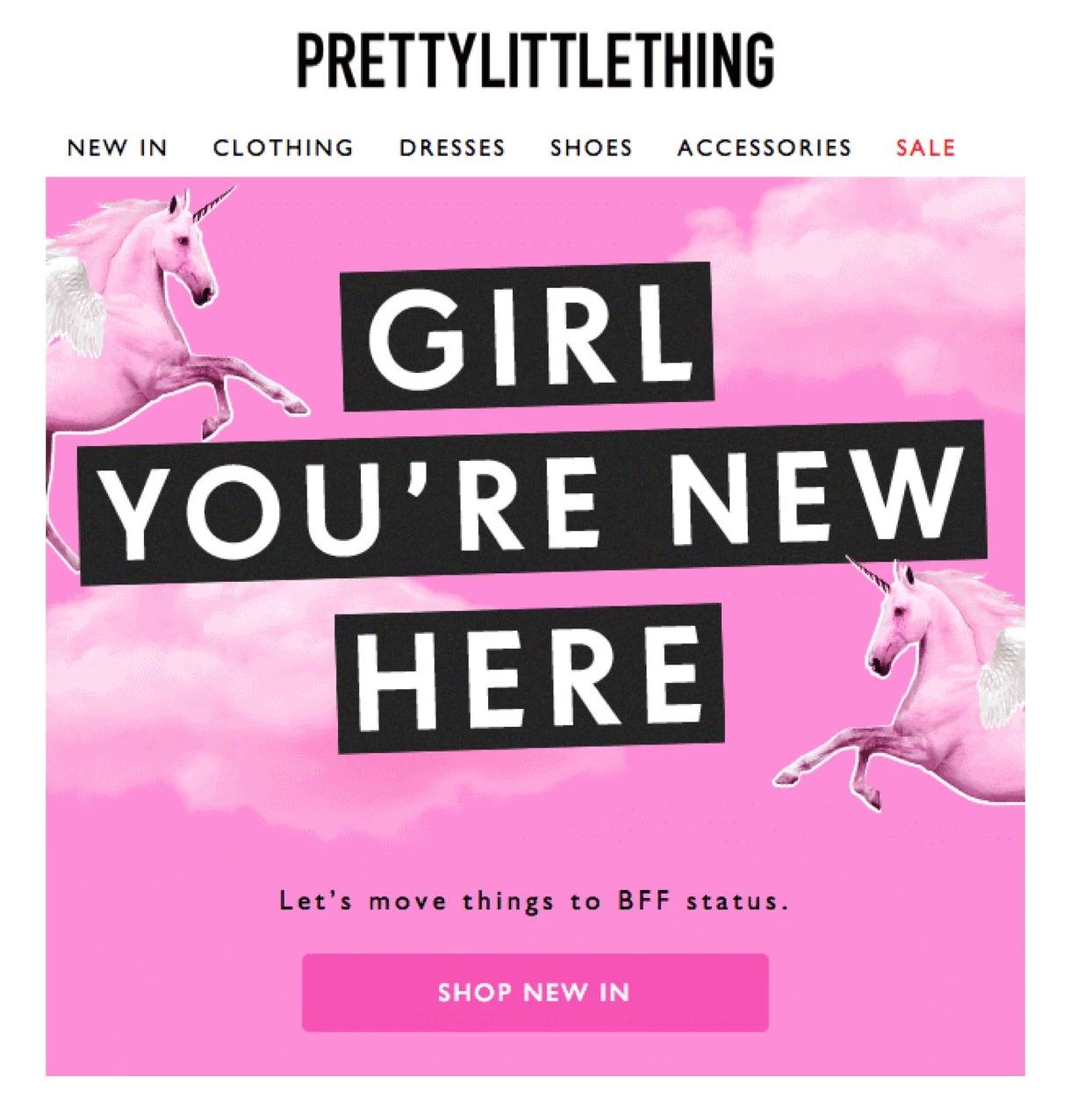 PrettyLittleThing welcome email example unicorns on pink background