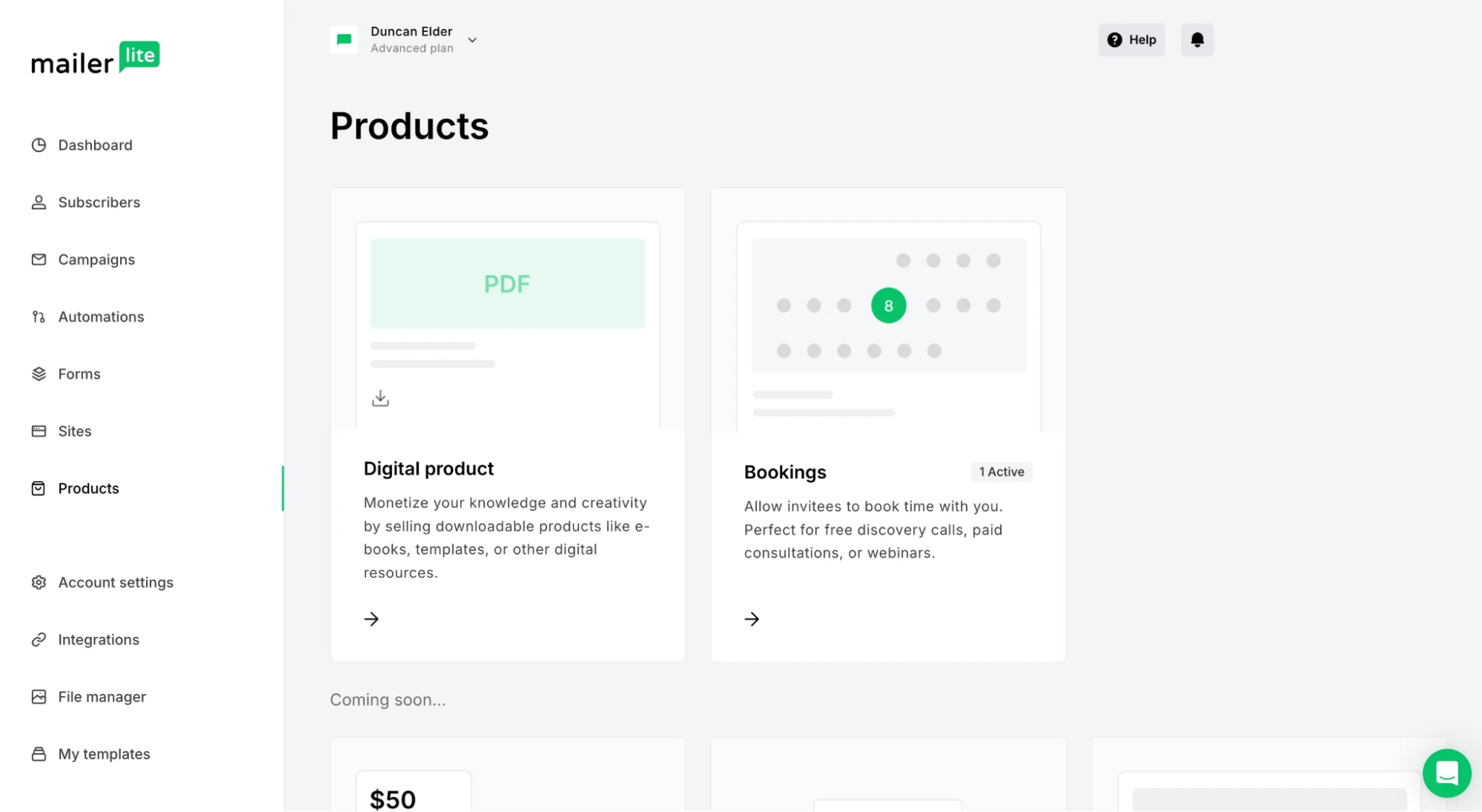 Screenshot of the product dashboard in MailerLite