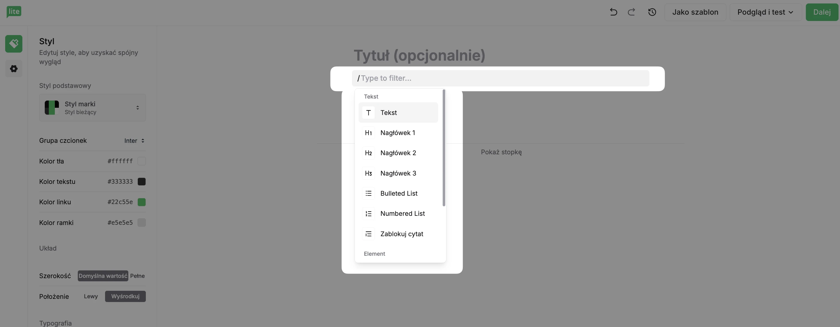Zrzut ekranu z panelu Prostego edytora
