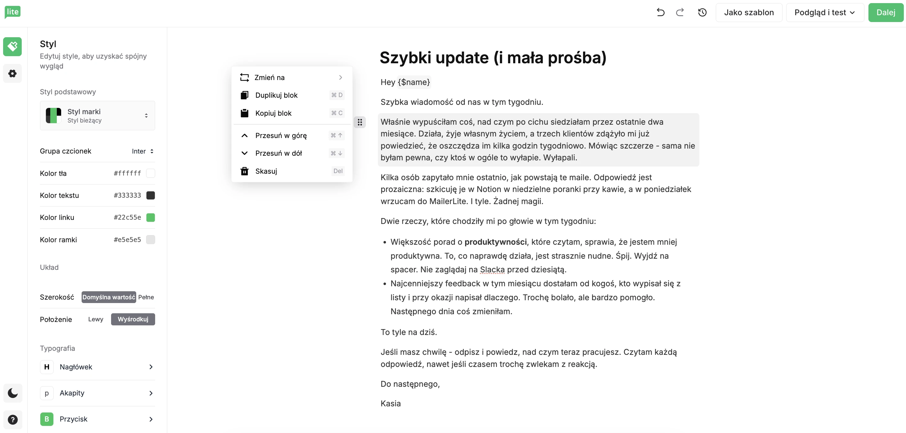 Newsletter założyciela zbudowany w Prostym edytorze emaili