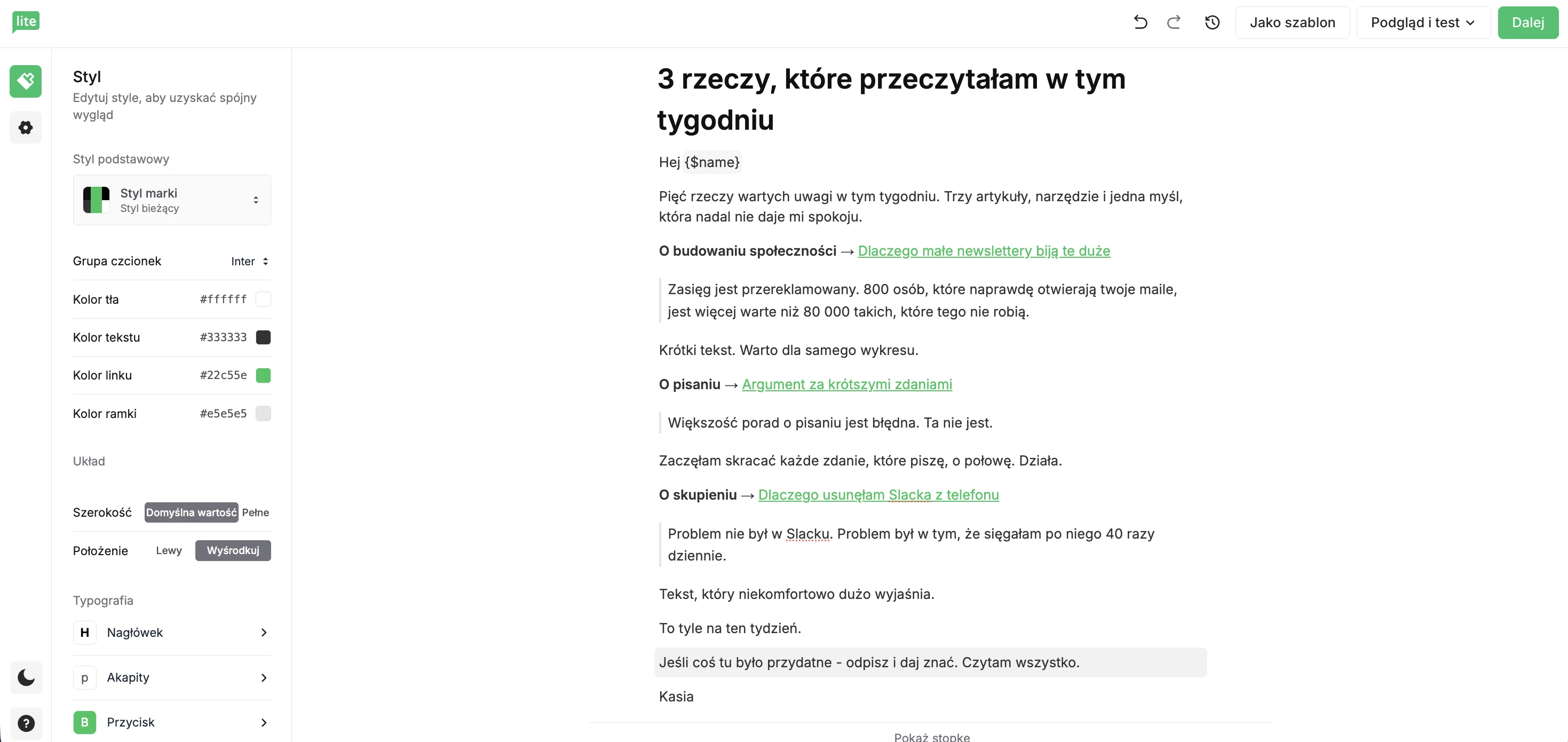 Newsletter zbudowany w Prostym edytorze emaili