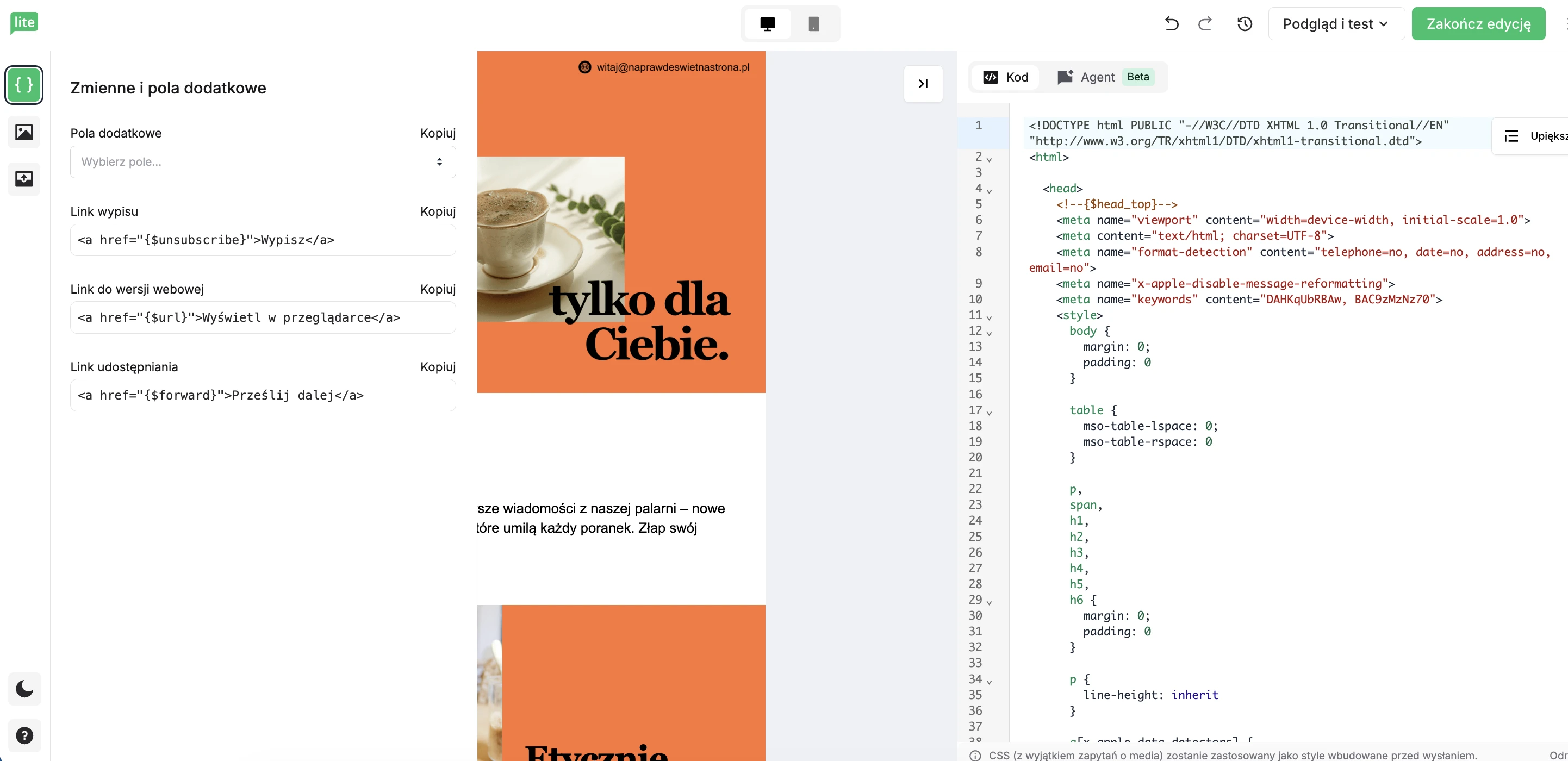 Wstawianie niestandardowych pól i zmiennych w edytorze HTML