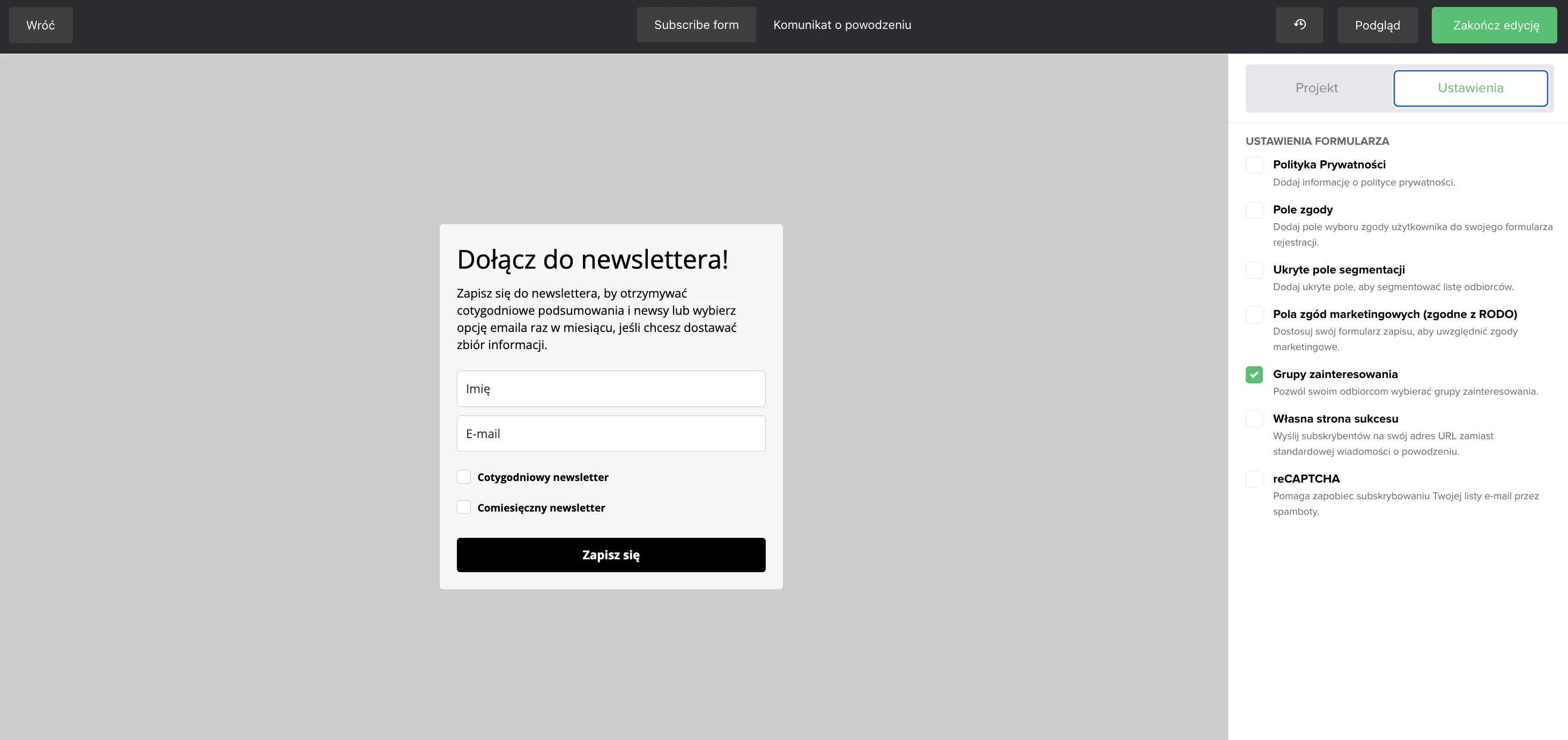 Grupy zainteresowań w kreatorze drag & drop MailerLite