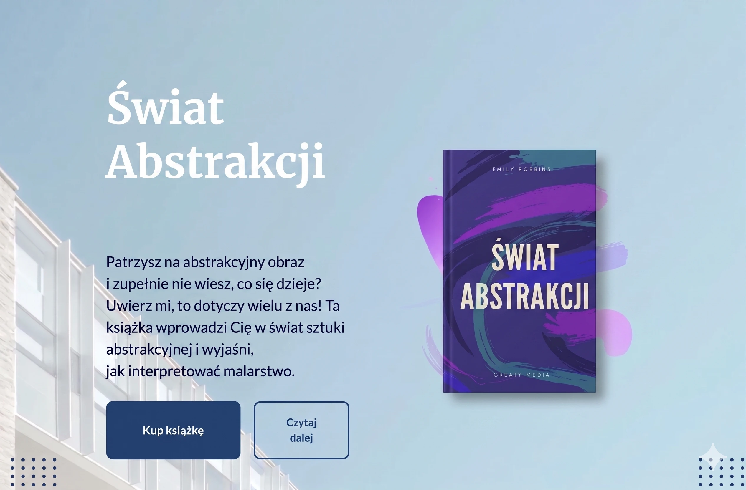 Przykład strony typu landing page poświęconej książce o świecie sztuki abstrakcyjnej z wyraźnym przyciskiem CTA