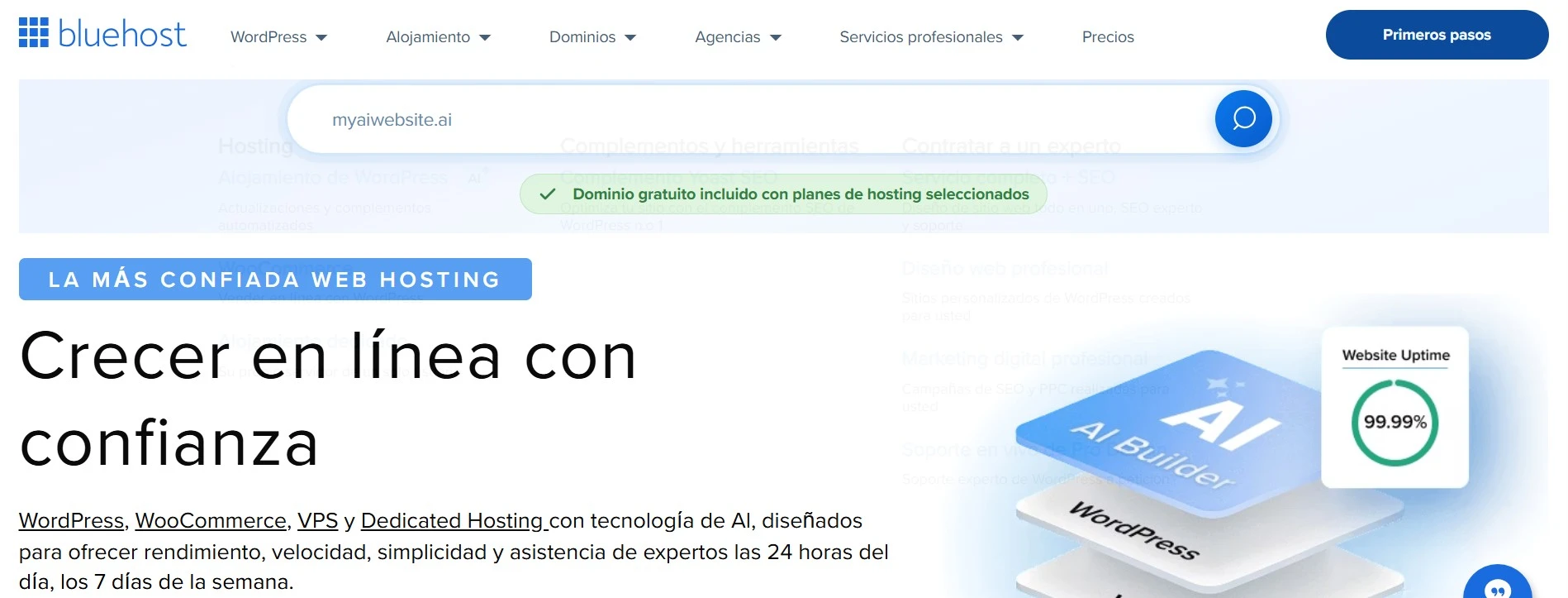captura de pantalla de página de inicio de bluehost