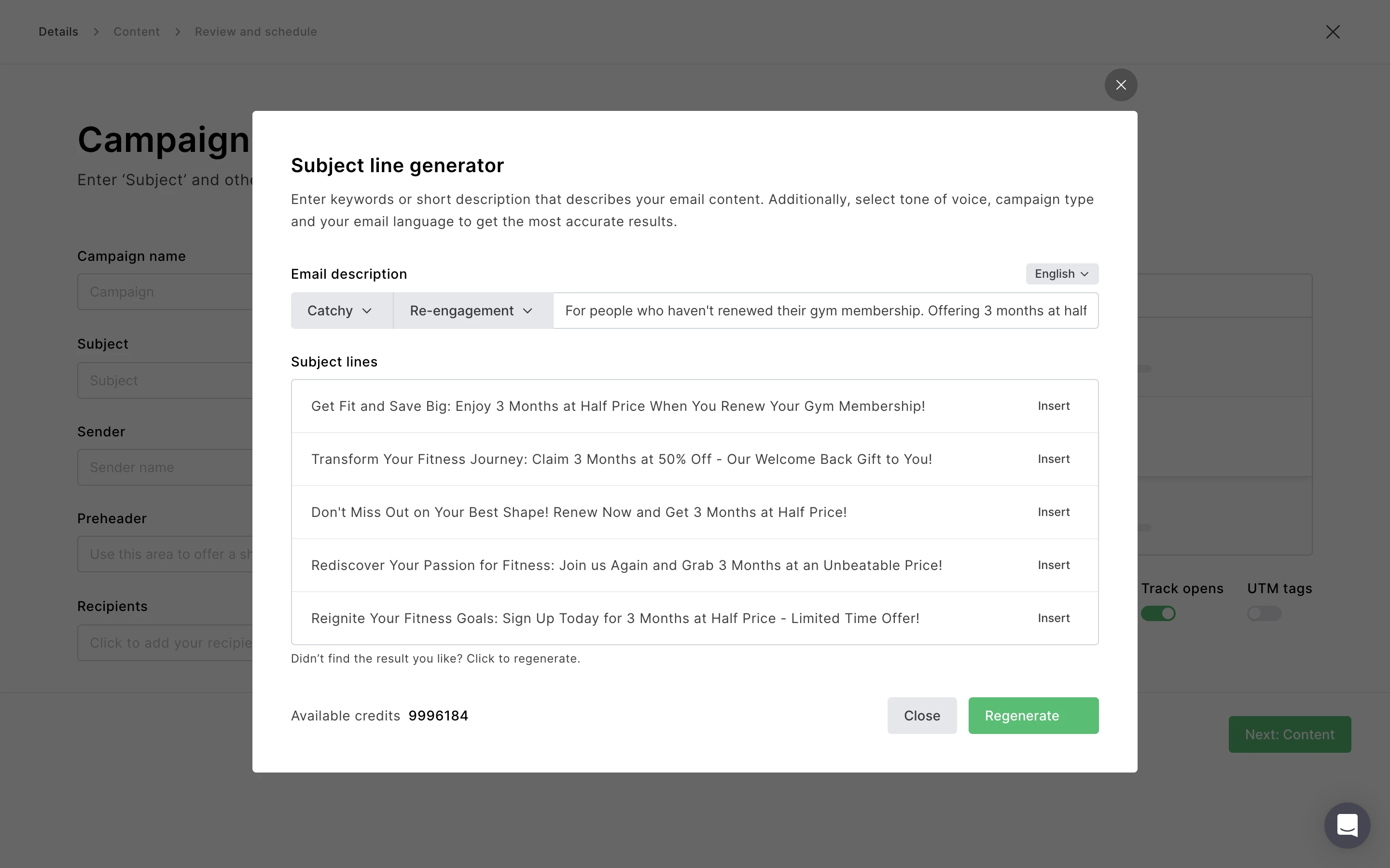 A screenshot of the subject line generator in MailerLite showing a prompt with the 